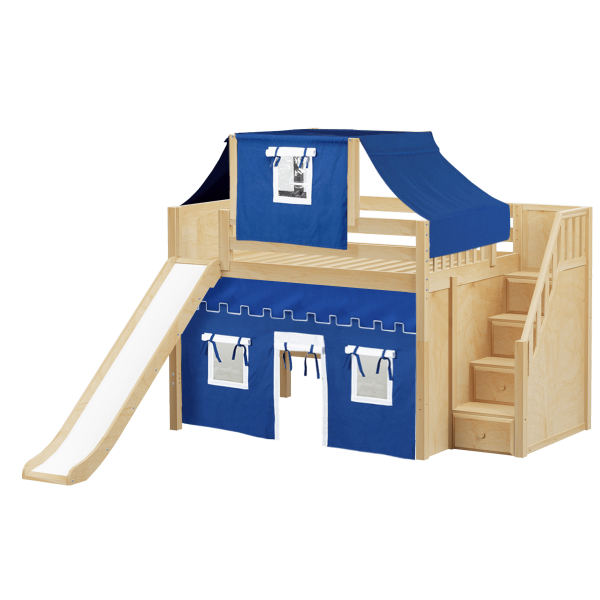Maxtrix Full Mid Loft Bed with Stairs, Curtain, Top Tent + Slide