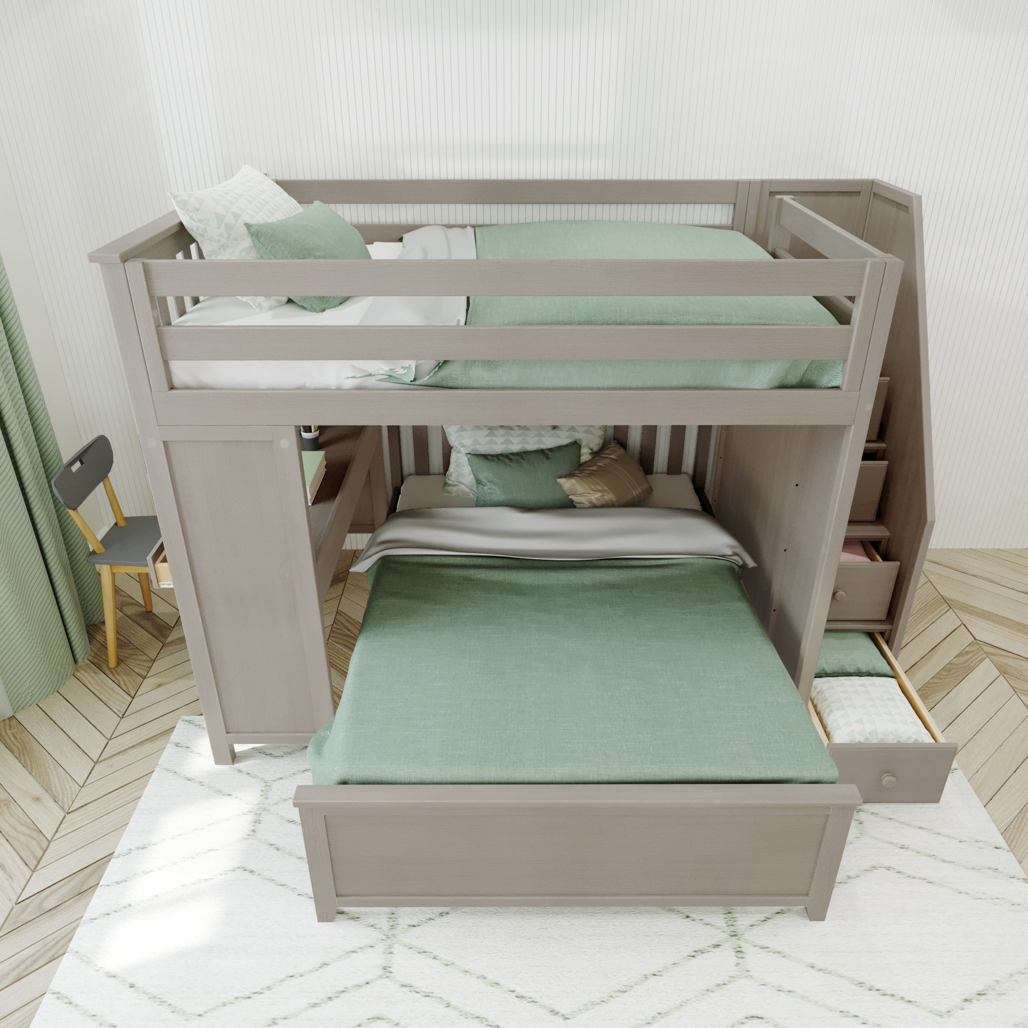 Jackpot Deluxe Full over Full L-Shape Bunk with Staircase + Desk
