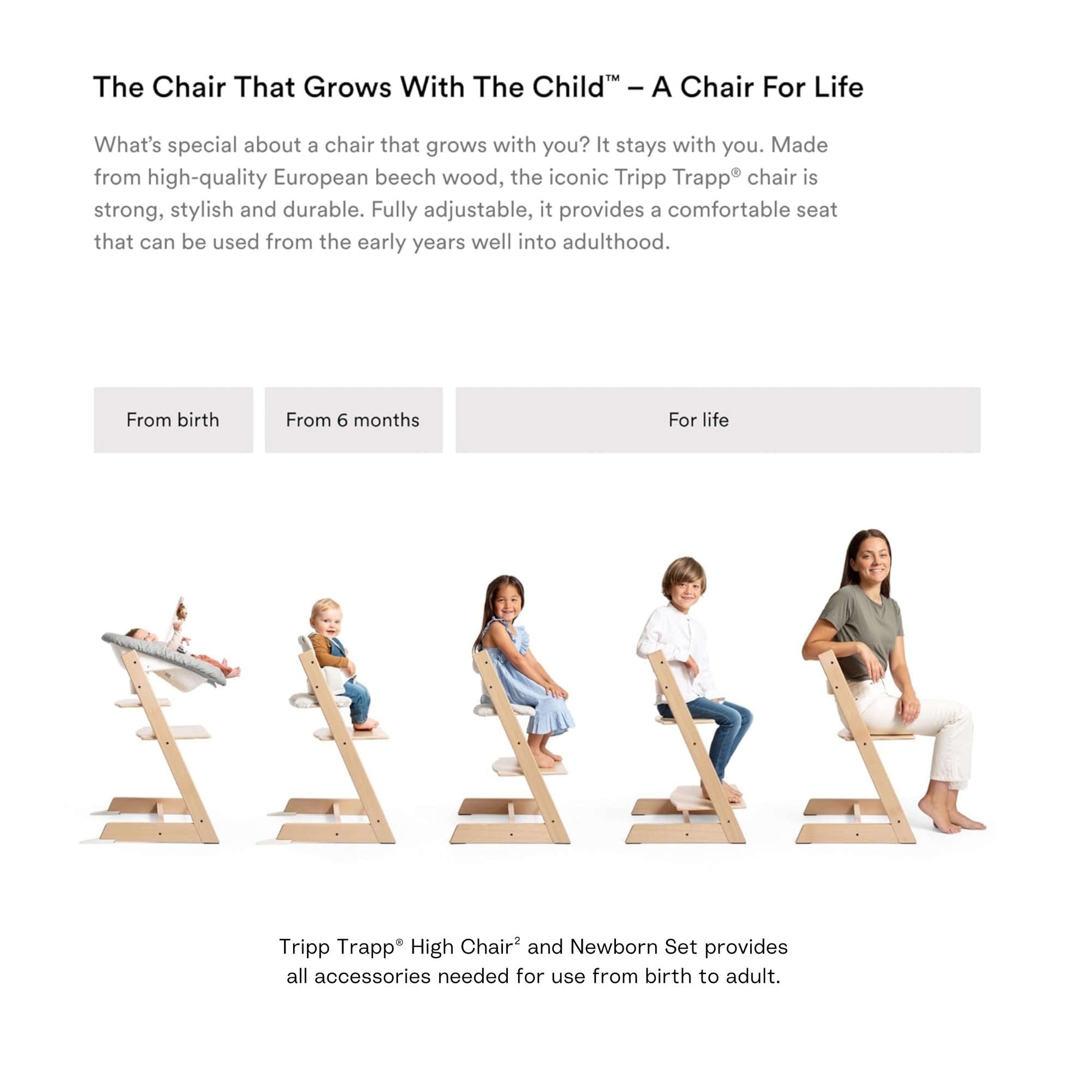 Stokke Tripp Trapp High Chair² with Cushion, Tray and Newborn Set, Natural + Nordic Grey Cushion