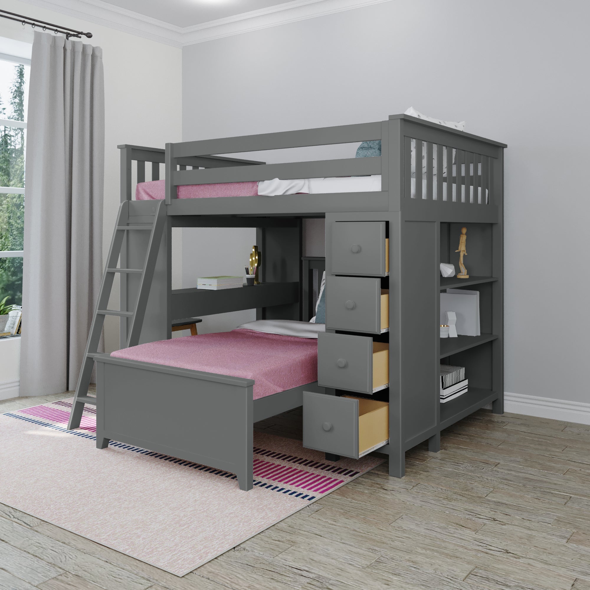 Jackpot Deluxe MAYFAIR1 Full over Twin L-Shaped Bunk with Desk + Storage