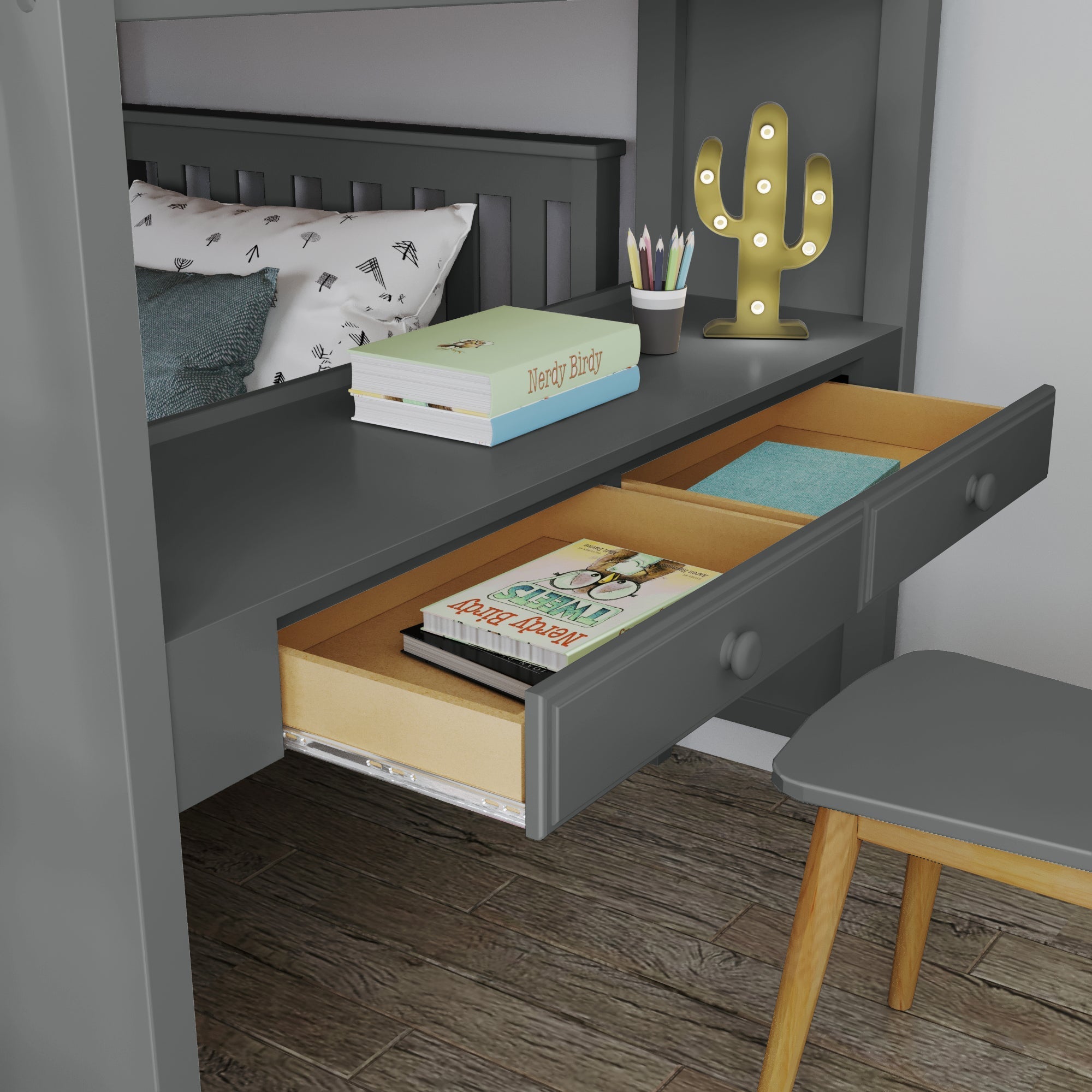 Jackpot Deluxe MAYFAIR1 Full over Twin L-Shaped Bunk with Desk + Storage
