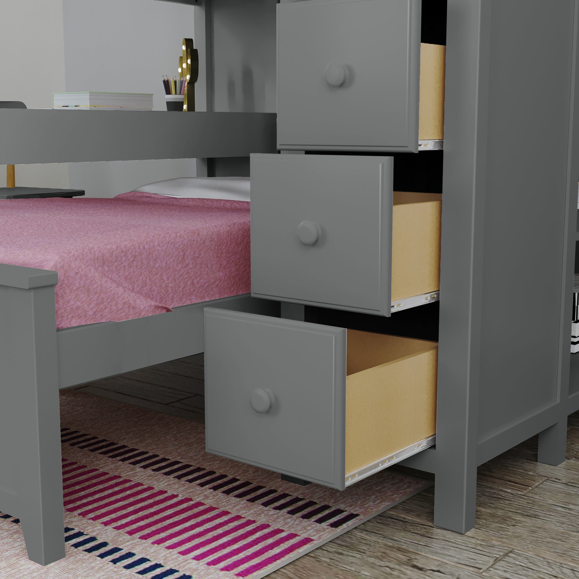 Jackpot Deluxe MAYFAIR1 Full over Twin L-Shaped Bunk with Desk + Storage