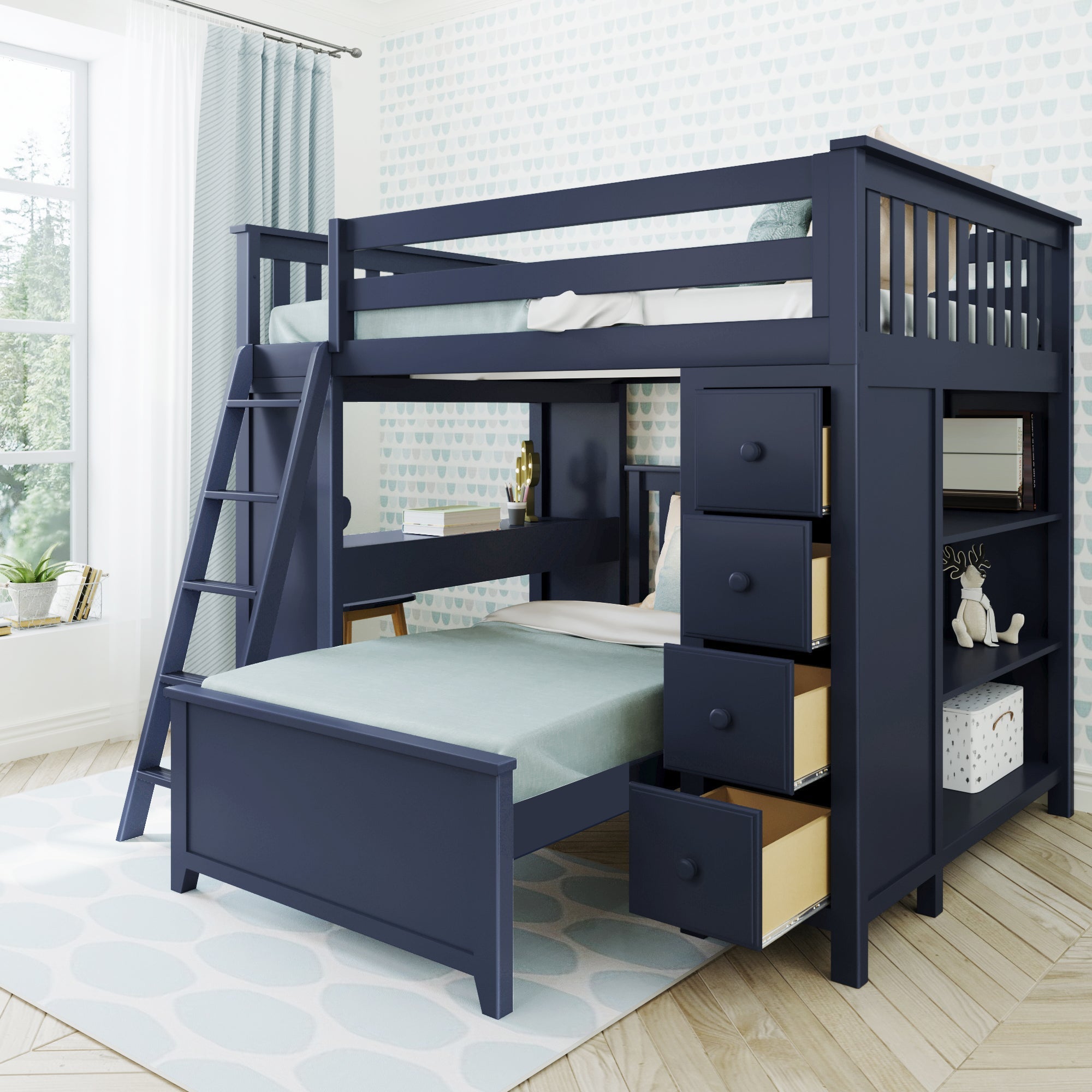 Jackpot Deluxe MAYFAIR1 Full over Twin L-Shaped Bunk with Desk + Storage