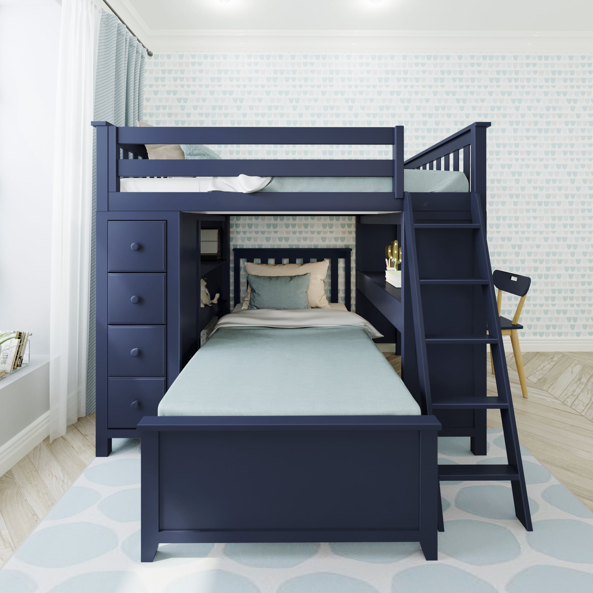 Jackpot Deluxe MAYFAIR1 Full over Twin L-Shaped Bunk with Desk + Storage