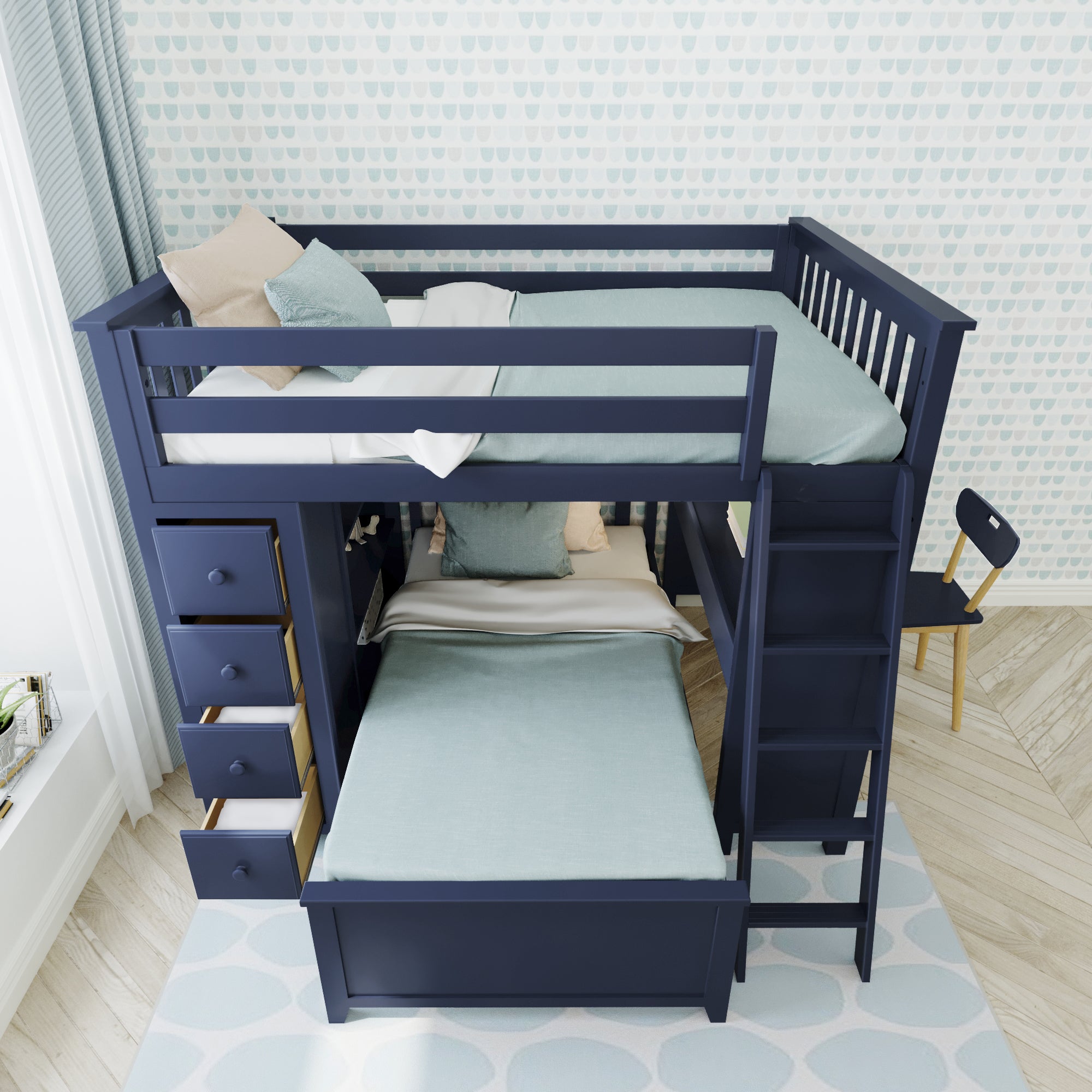 Jackpot Deluxe MAYFAIR1 Full over Twin L-Shaped Bunk with Desk + Storage