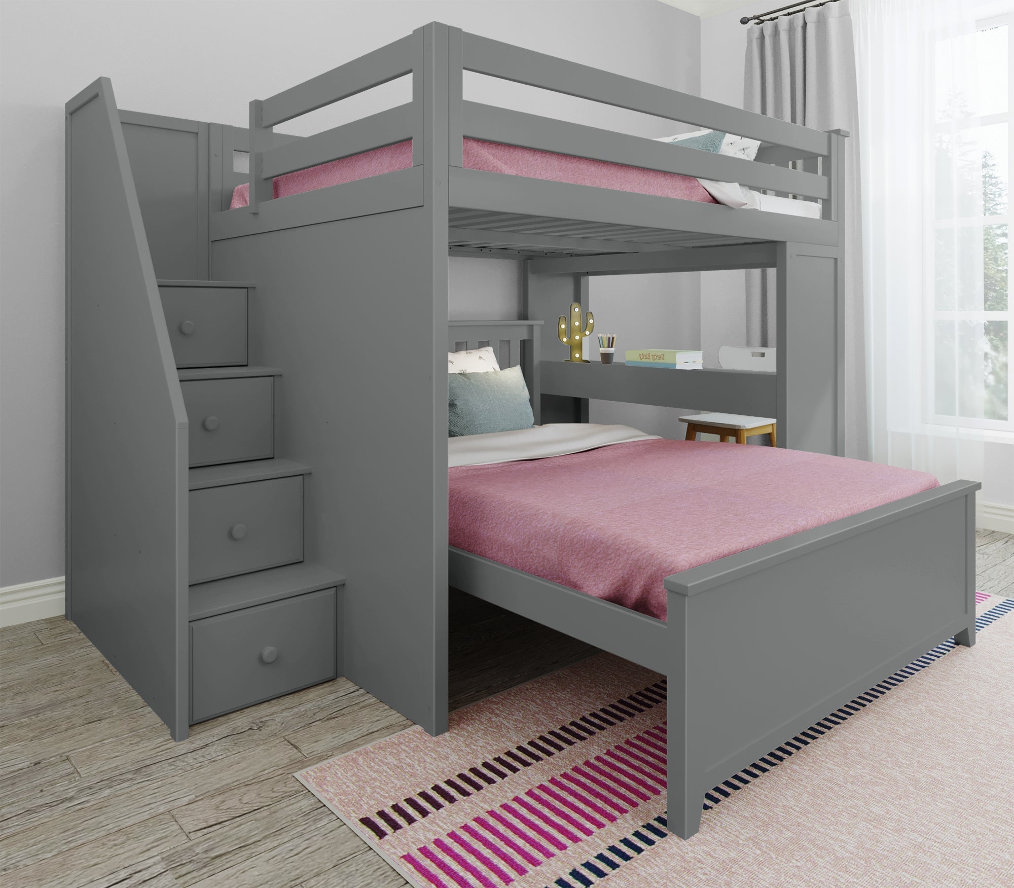 Jackpot Deluxe FULHAM1 Full over Full L-Shaped Bunk with Staircase + Desk