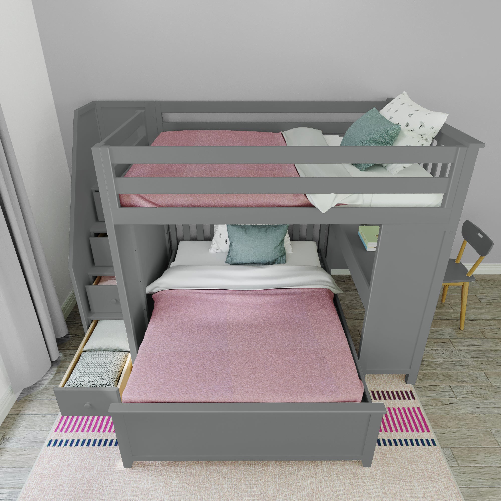 Jackpot Deluxe FULHAM1 Full over Full L-Shaped Bunk with Staircase + Desk