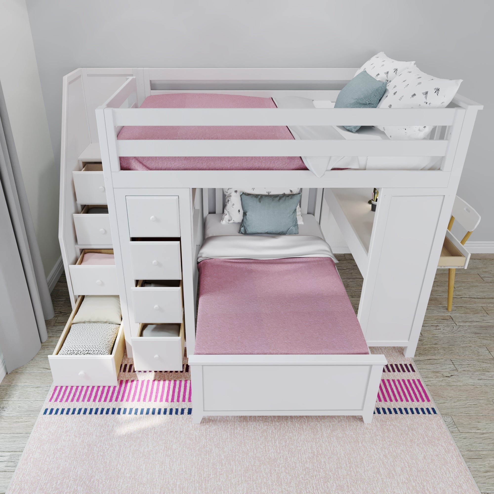 Jackpot Deluxe BUXTON4 Full over Twin L-Shaped Bunk with Staircase + Desk + Storage