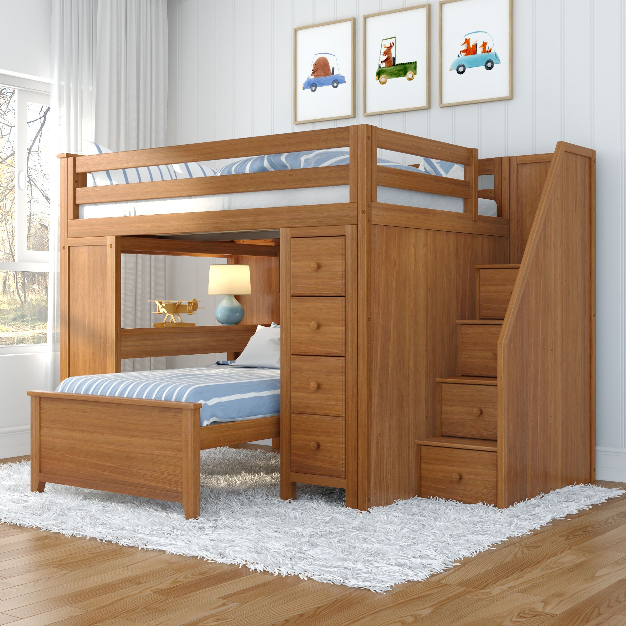 Jackpot Deluxe BUXTON4 Full over Twin L-Shaped Bunk with Staircase + Desk + Storage