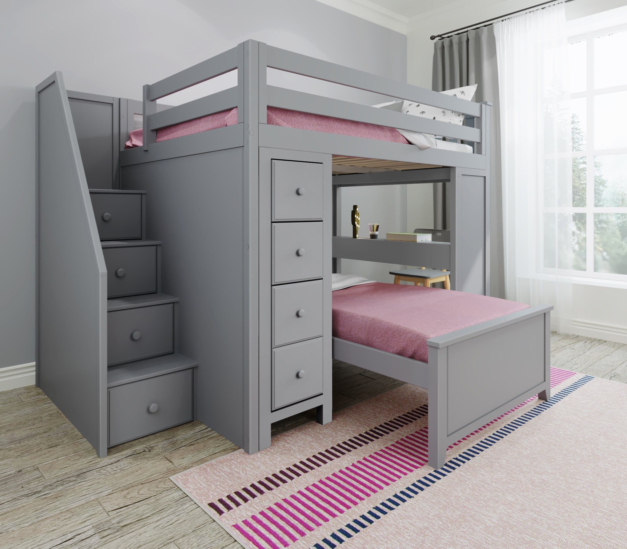 Jackpot Deluxe BUXTON4 Full over Twin L-Shaped Bunk with Staircase + Desk + Storage