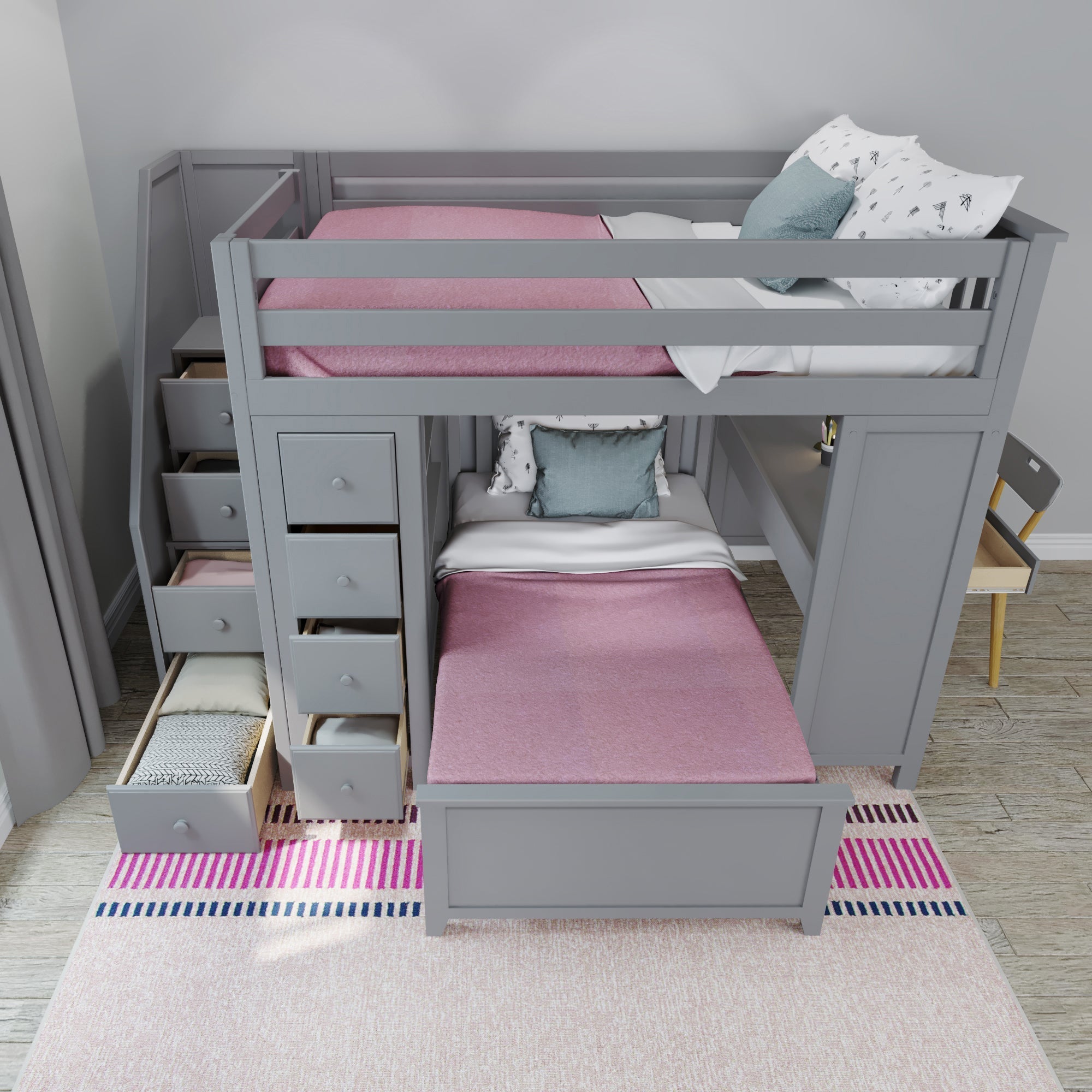 Jackpot Deluxe BUXTON4 Full over Twin L-Shaped Bunk with Staircase + Desk + Storage
