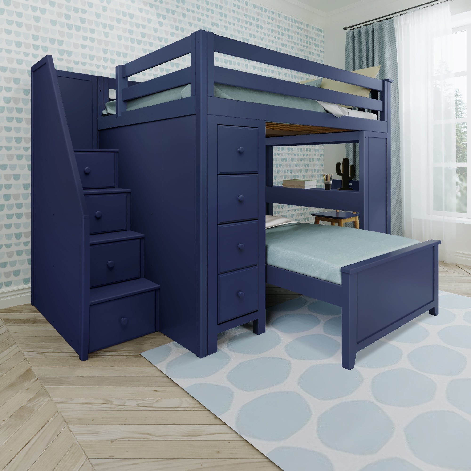 Jackpot Deluxe BUXTON4 Full over Twin L-Shaped Bunk with Staircase + Desk + Storage