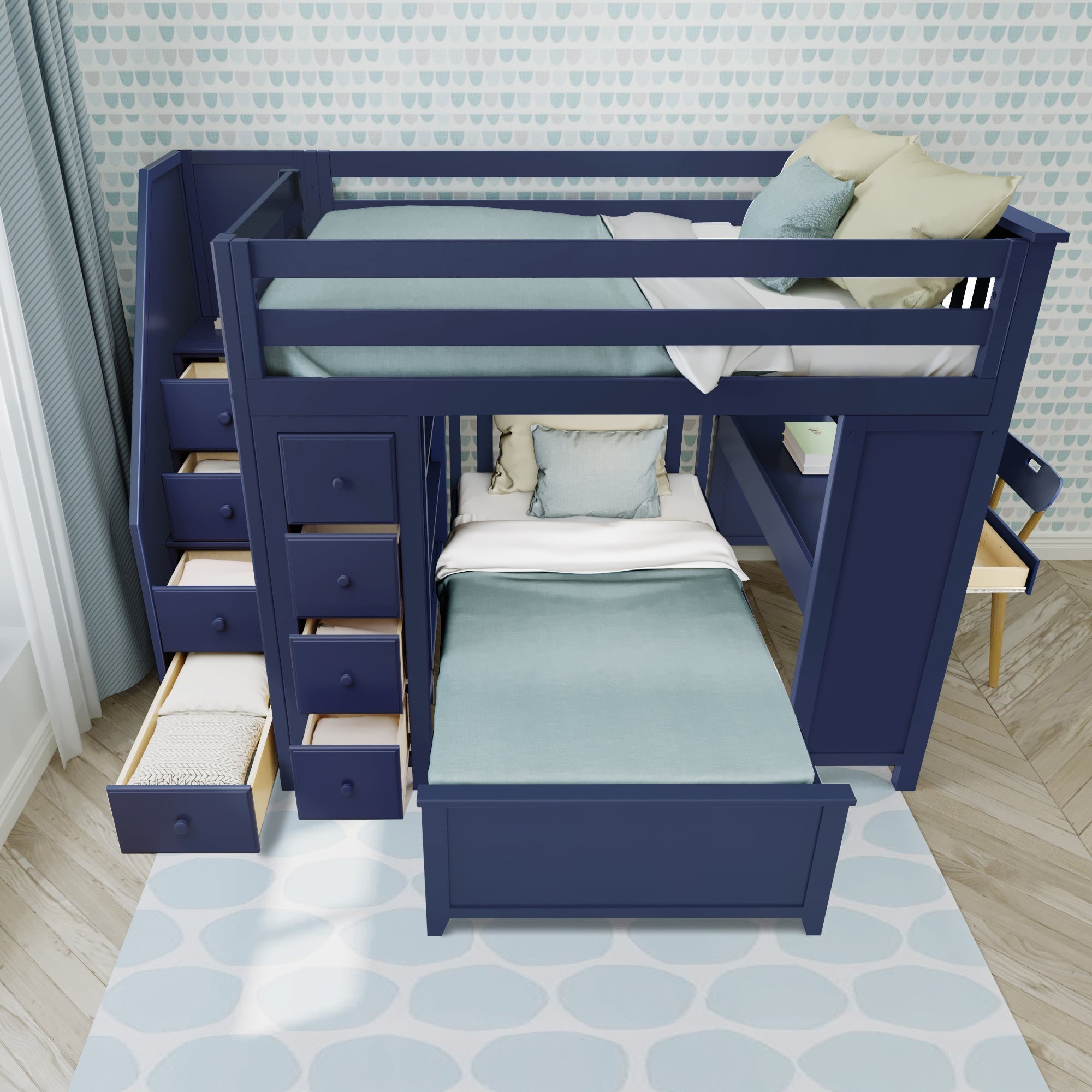 Jackpot Deluxe BUXTON4 Full over Twin L-Shaped Bunk with Staircase + Desk + Storage