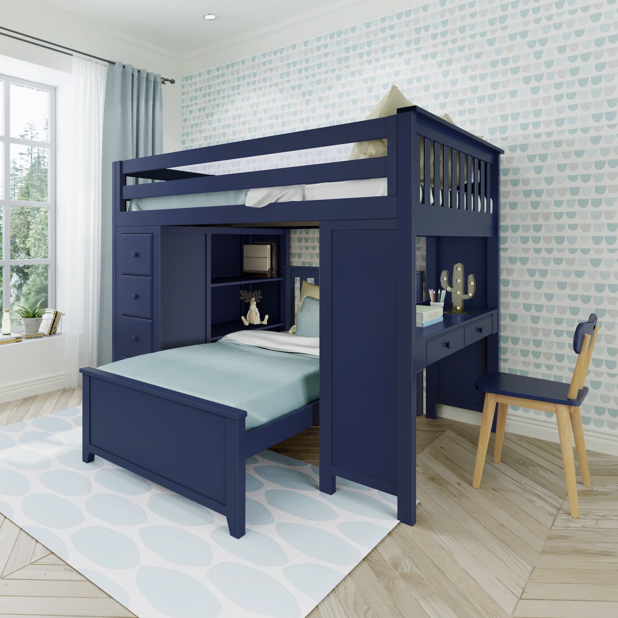 Jackpot Deluxe BUXTON4 Full over Twin L-Shaped Bunk with Staircase + Desk + Storage