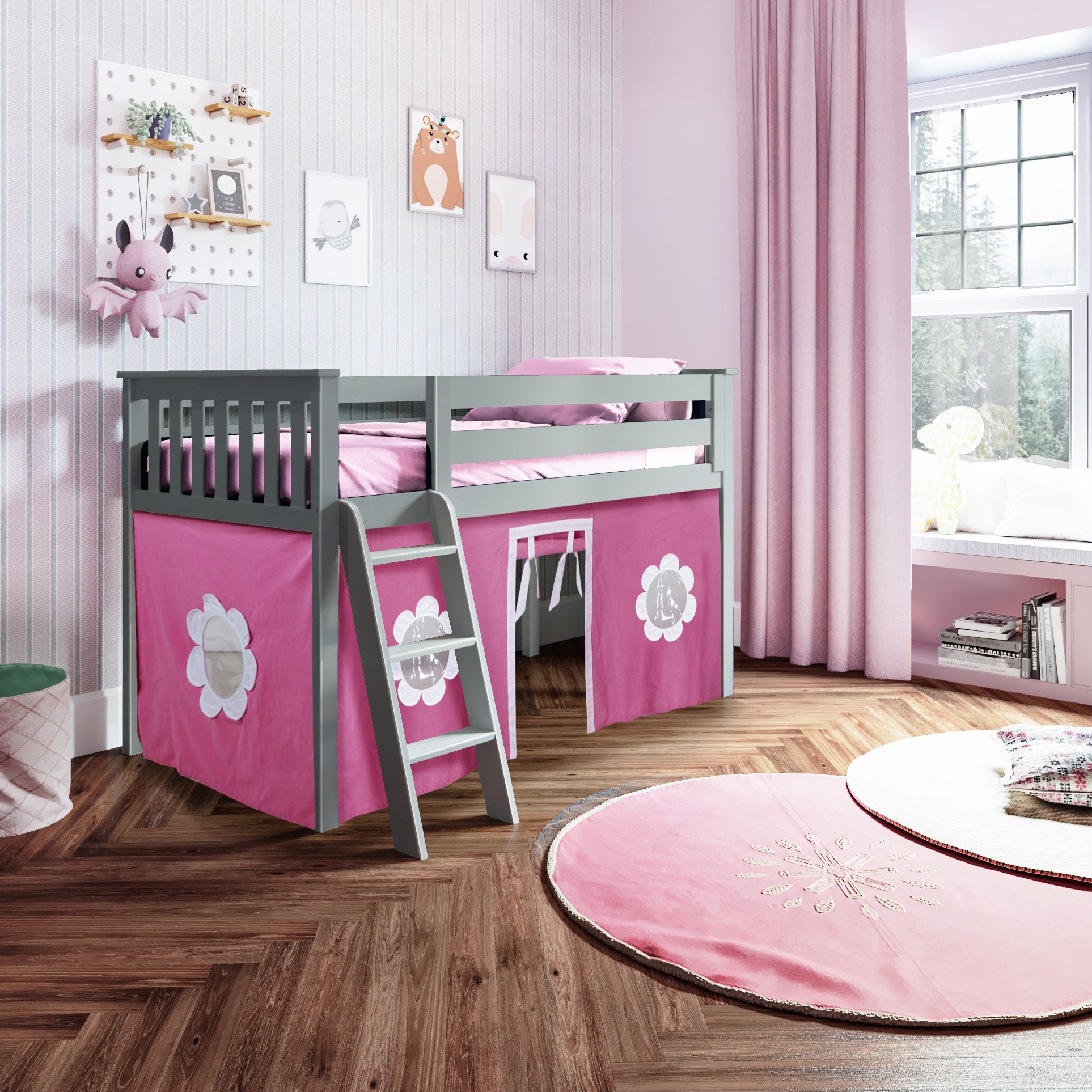 Jackpot Deluxe York 1 Twin Play Loft with Pink/White Curtain