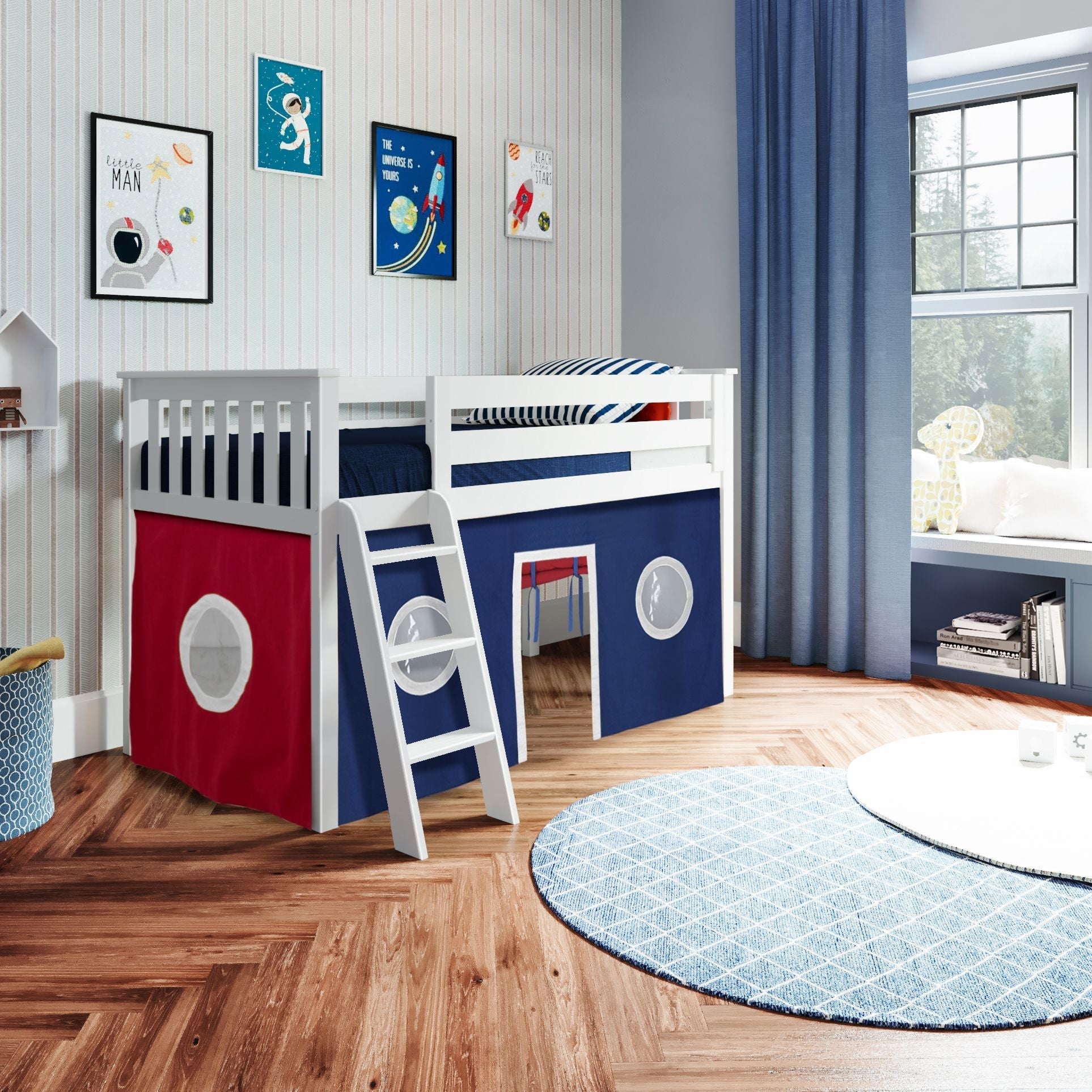 Jackpot Deluxe York 2 Twin Play Loft with Red/Blue/White Curtain