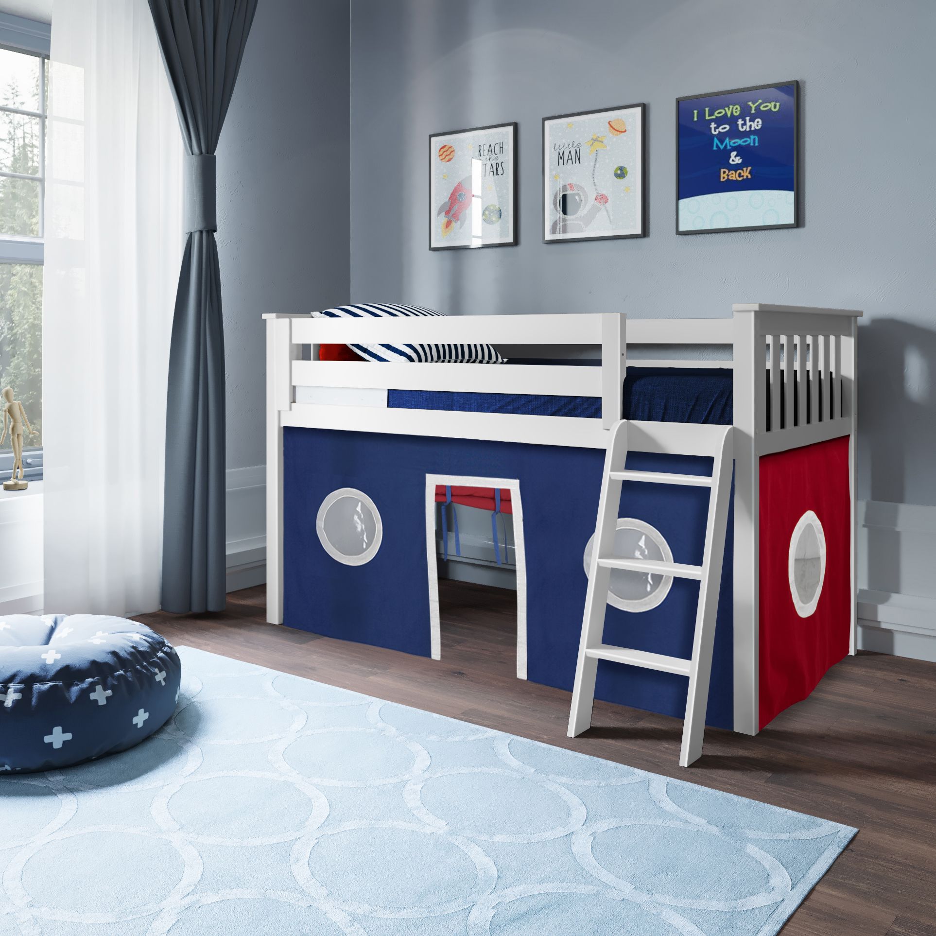 Jackpot Deluxe York 2 Twin Play Loft with Red/Blue/White Curtain