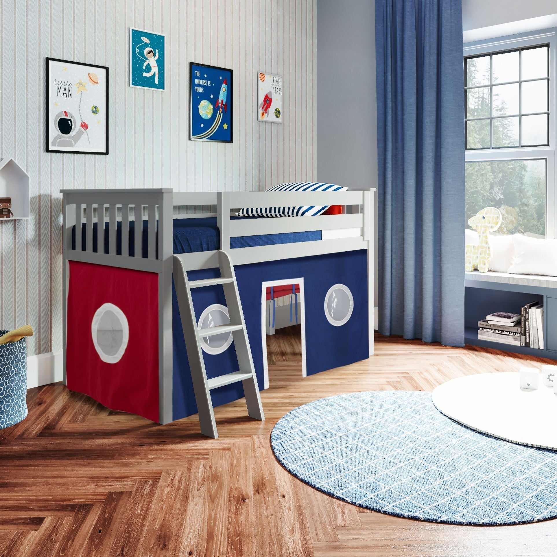 Jackpot Deluxe York 2 Twin Play Loft with Red/Blue/White Curtain
