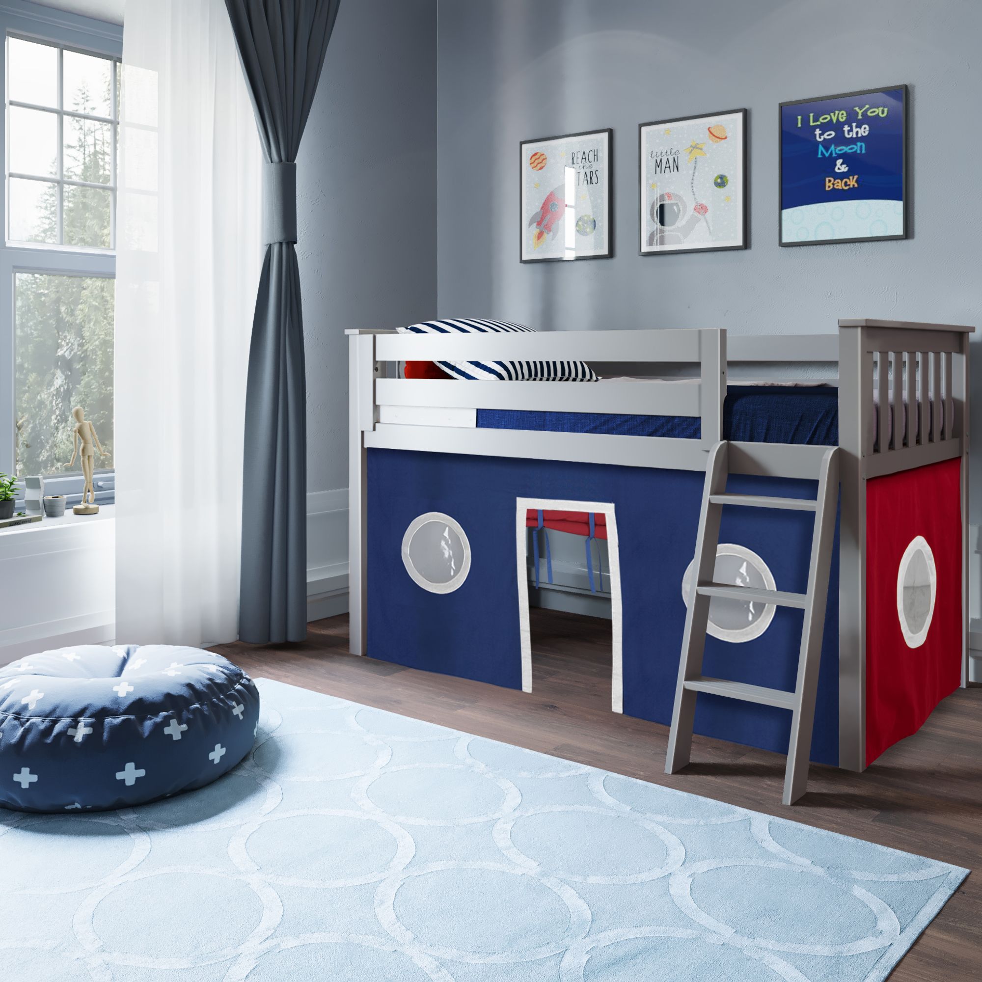 Jackpot Deluxe York 2 Twin Play Loft with Red/Blue/White Curtain
