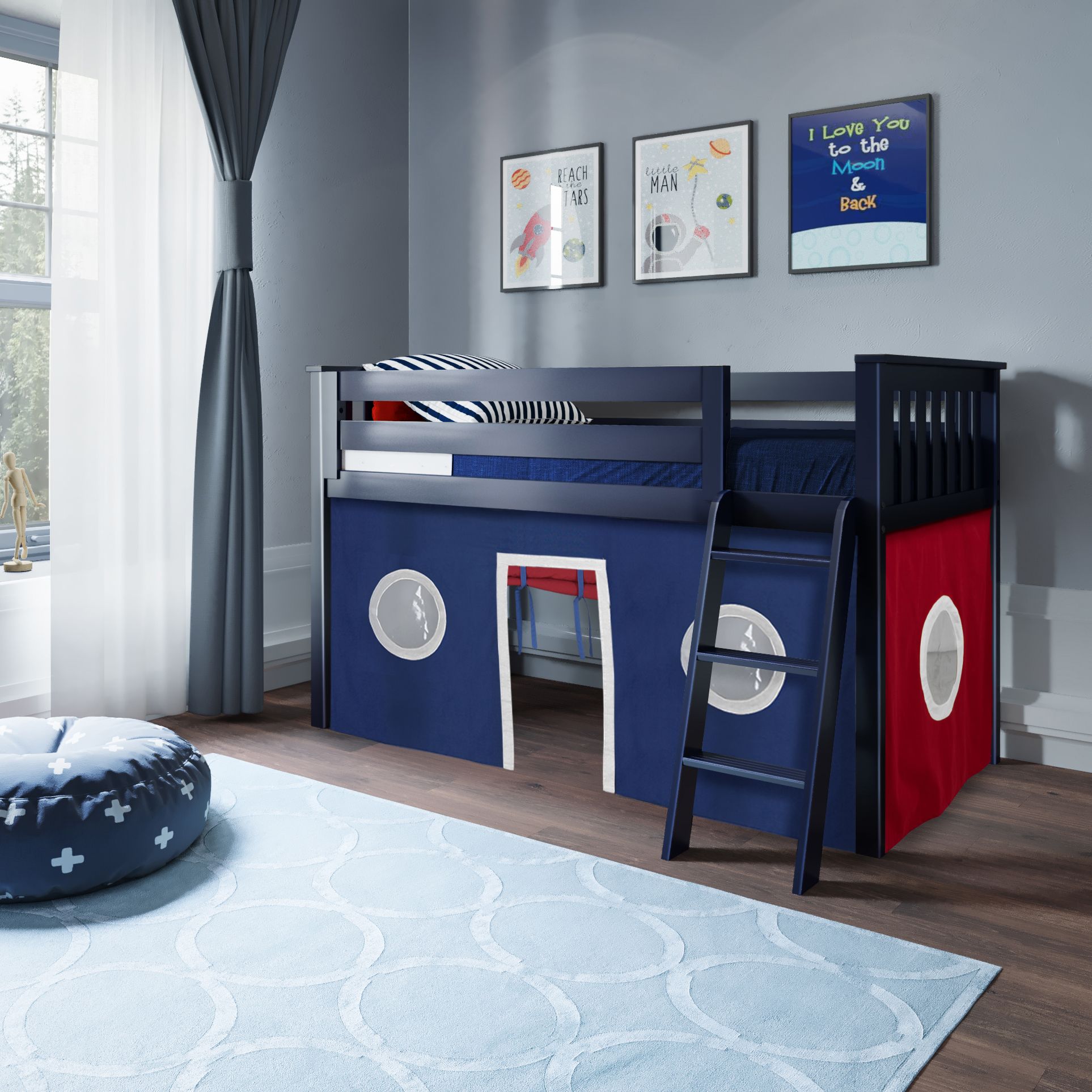 Jackpot Deluxe York 2 Twin Play Loft with Red/Blue/White Curtain