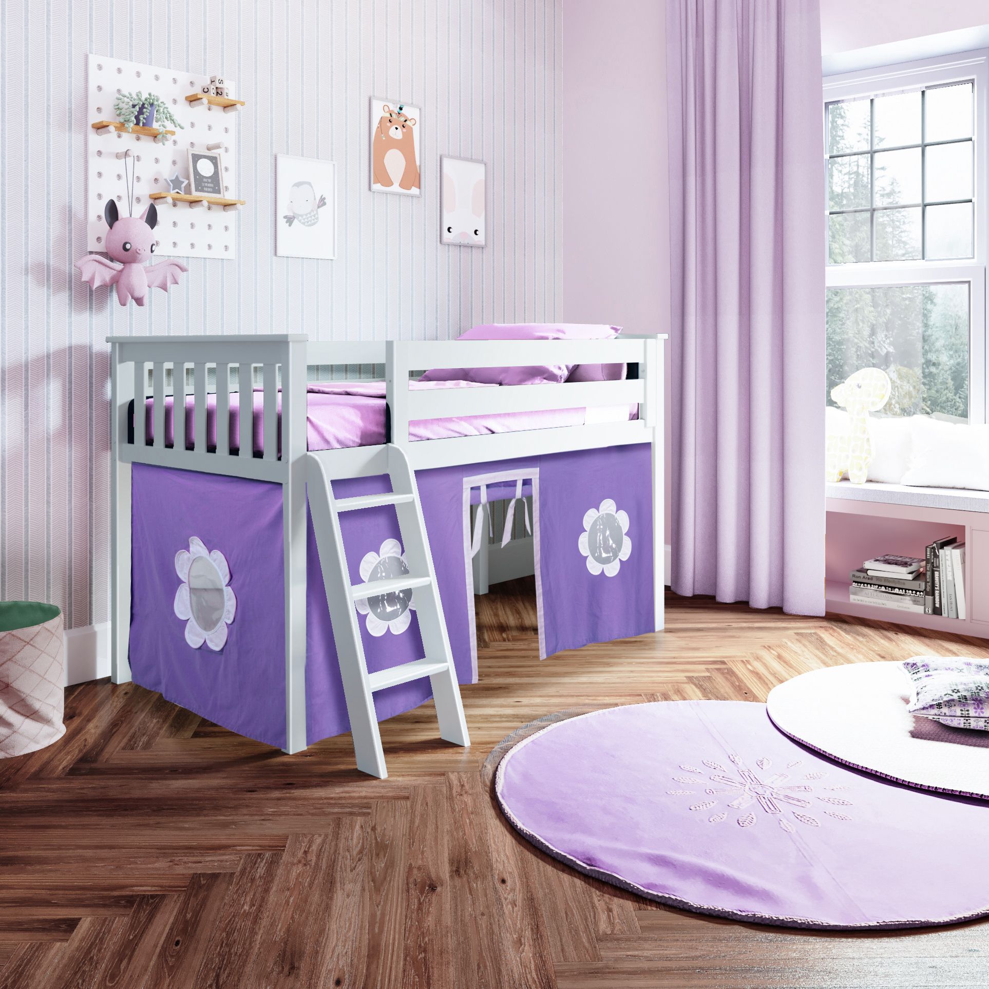 Jackpot Deluxe York 3 Twin Play Loft with Purple/White Curtain