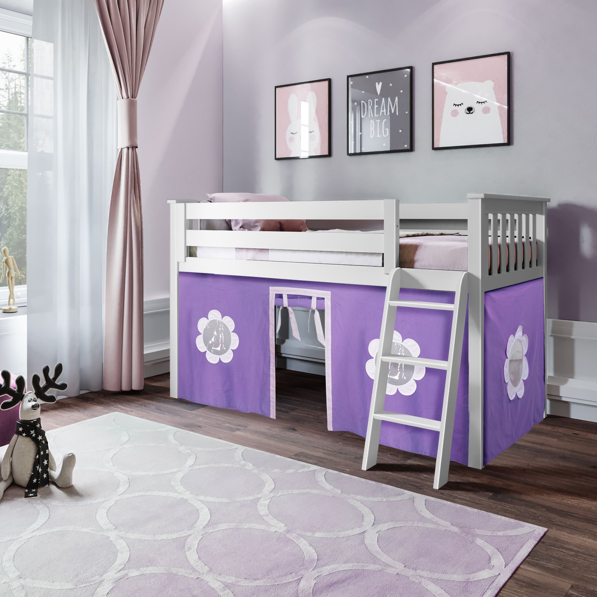 Jackpot Deluxe York 3 Twin Play Loft with Purple/White Curtain