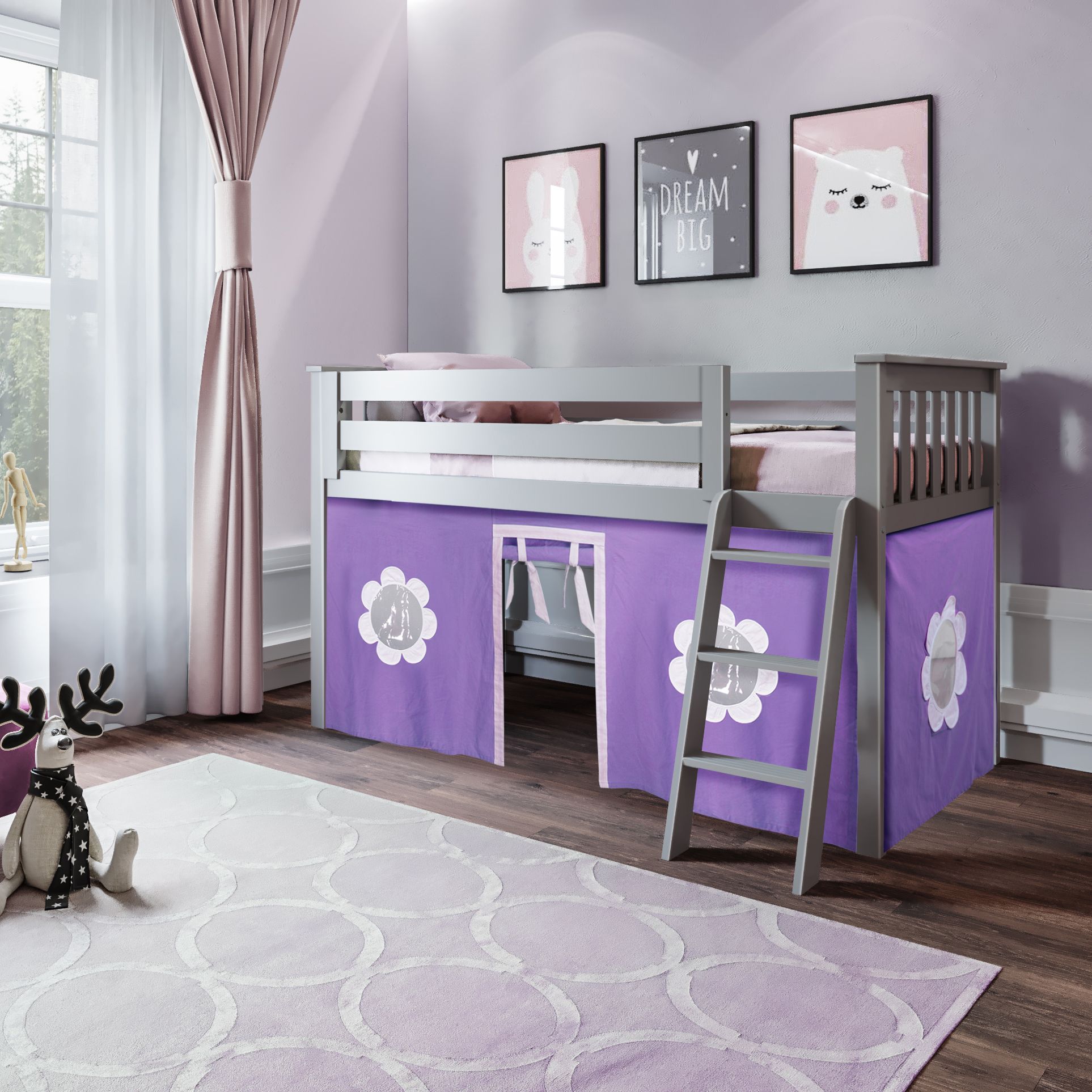 Jackpot Deluxe York 3 Twin Play Loft with Purple/White Curtain