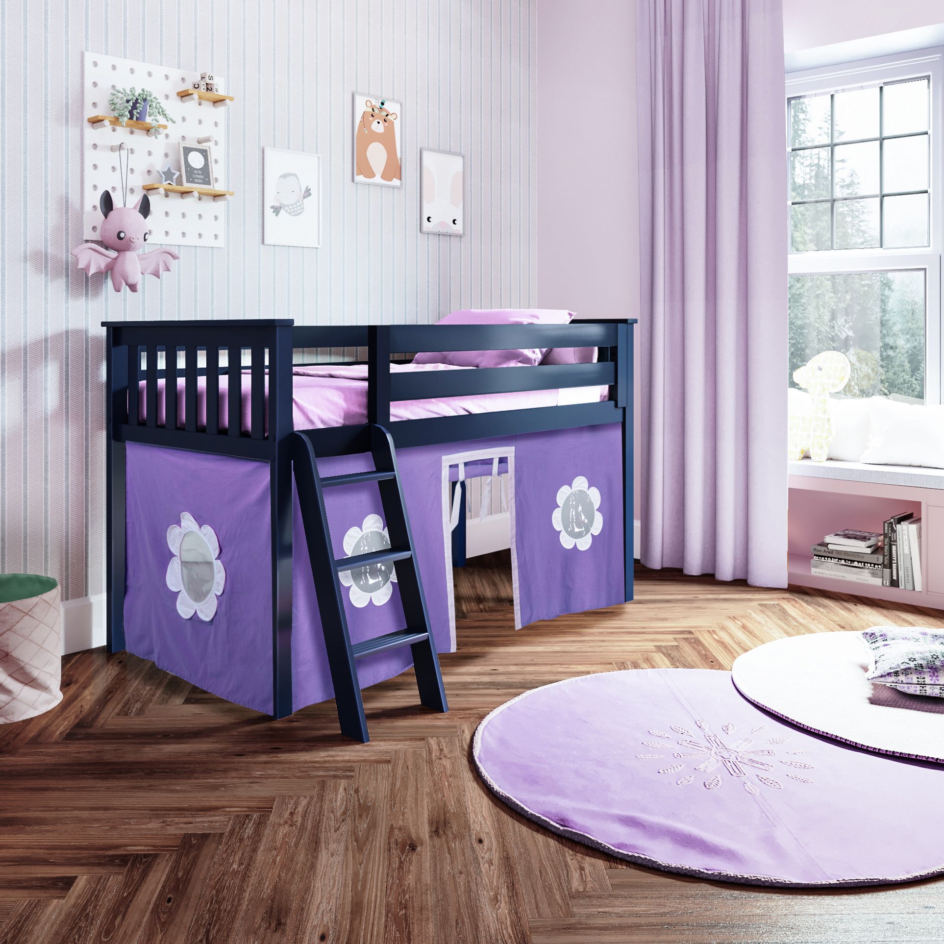 Jackpot Deluxe York 3 Twin Play Loft with Purple/White Curtain