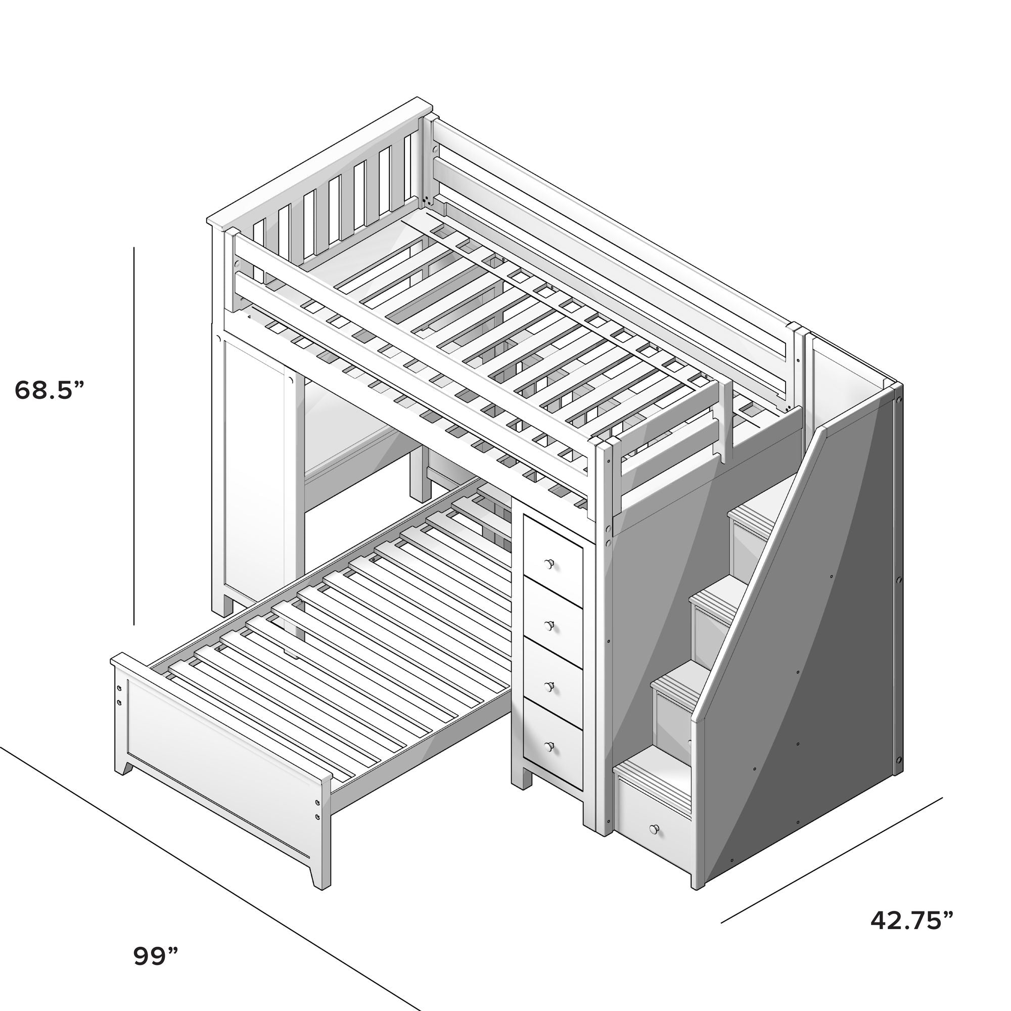 Jackpot Deluxe Chester 4 Staircase Loft Bed Desk + Dresser + Twin Bed