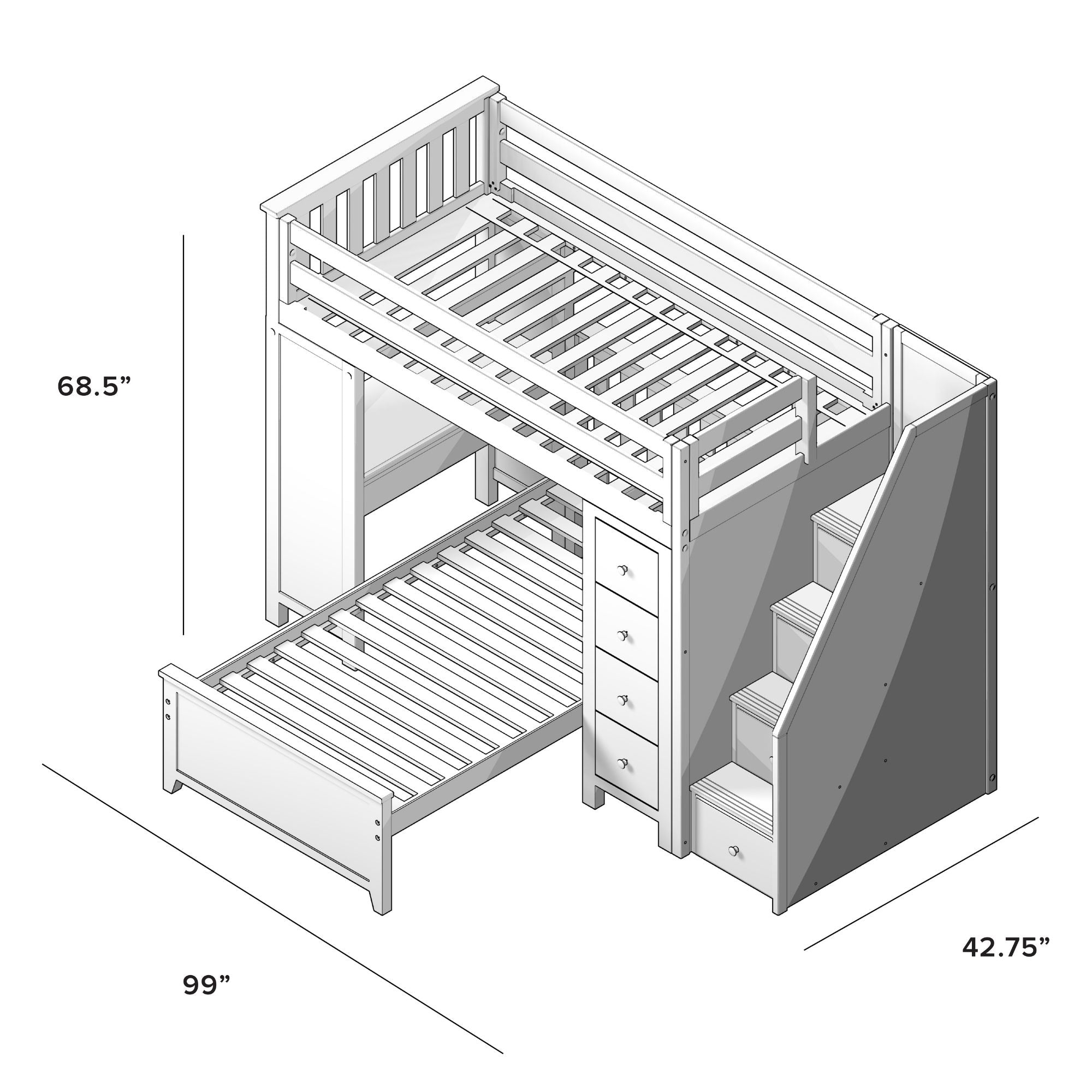 Jackpot Deluxe Chester 4 Staircase Loft Bed Desk + Dresser + Twin Bed