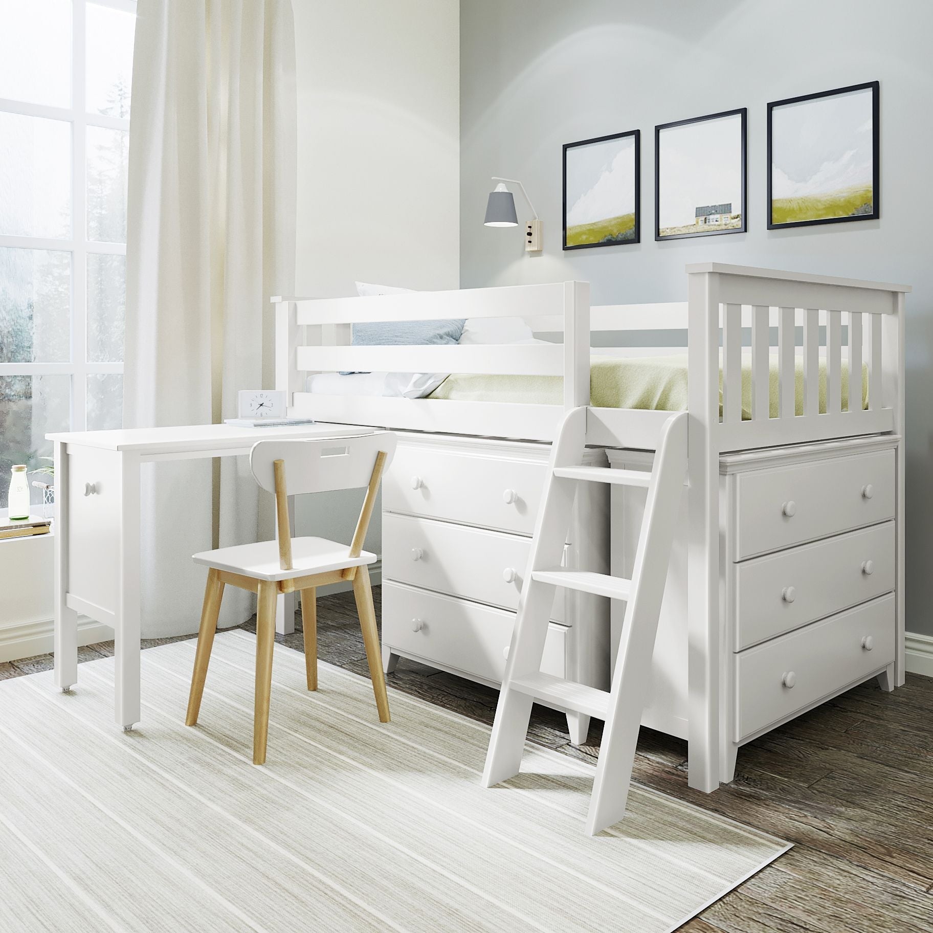 Jackpot Deluxe Windsor 3 Twin-Size Storage Loft Bed with Two Dressers and Desk