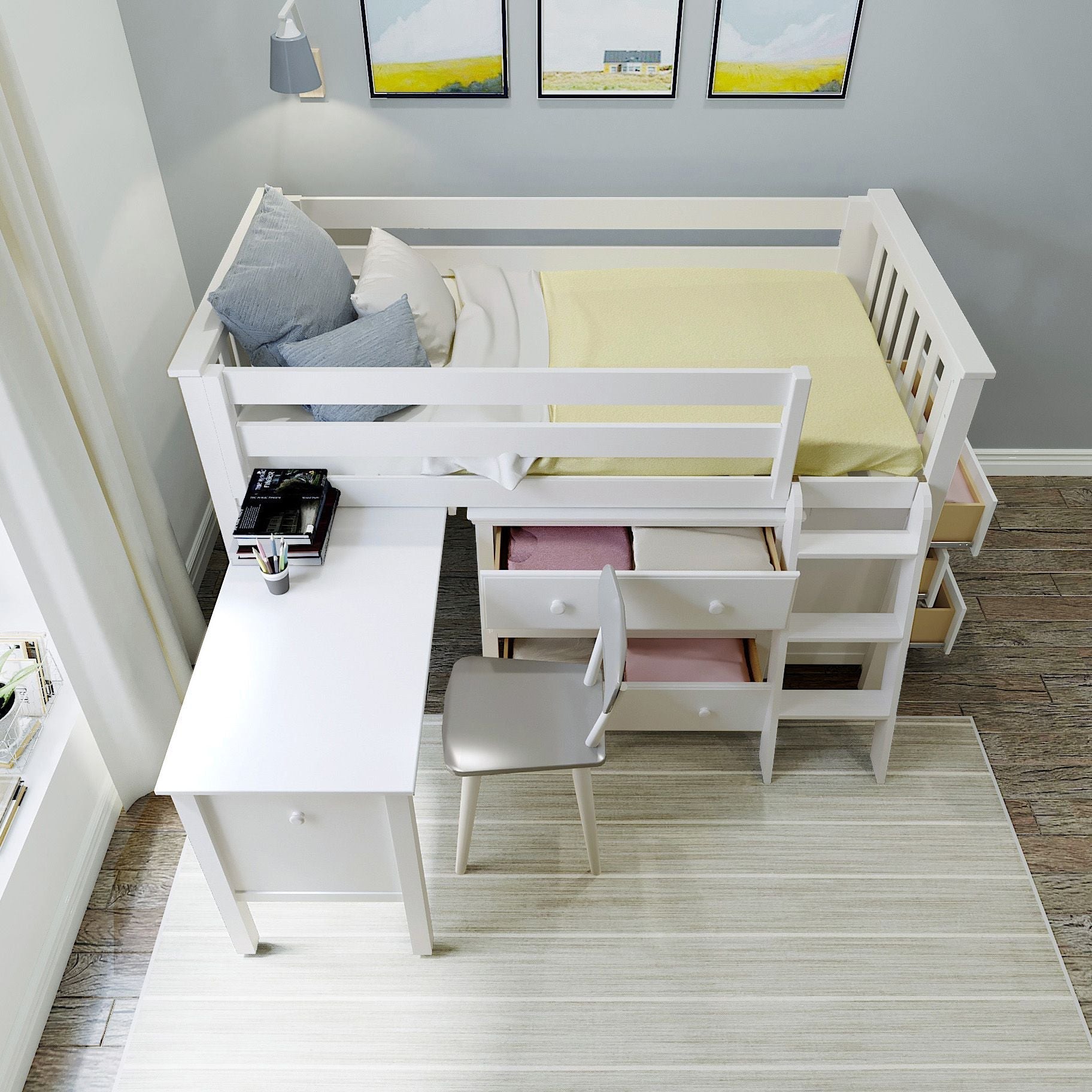 Jackpot Deluxe Windsor 3 Twin-Size Storage Loft Bed with Two Dressers and Desk