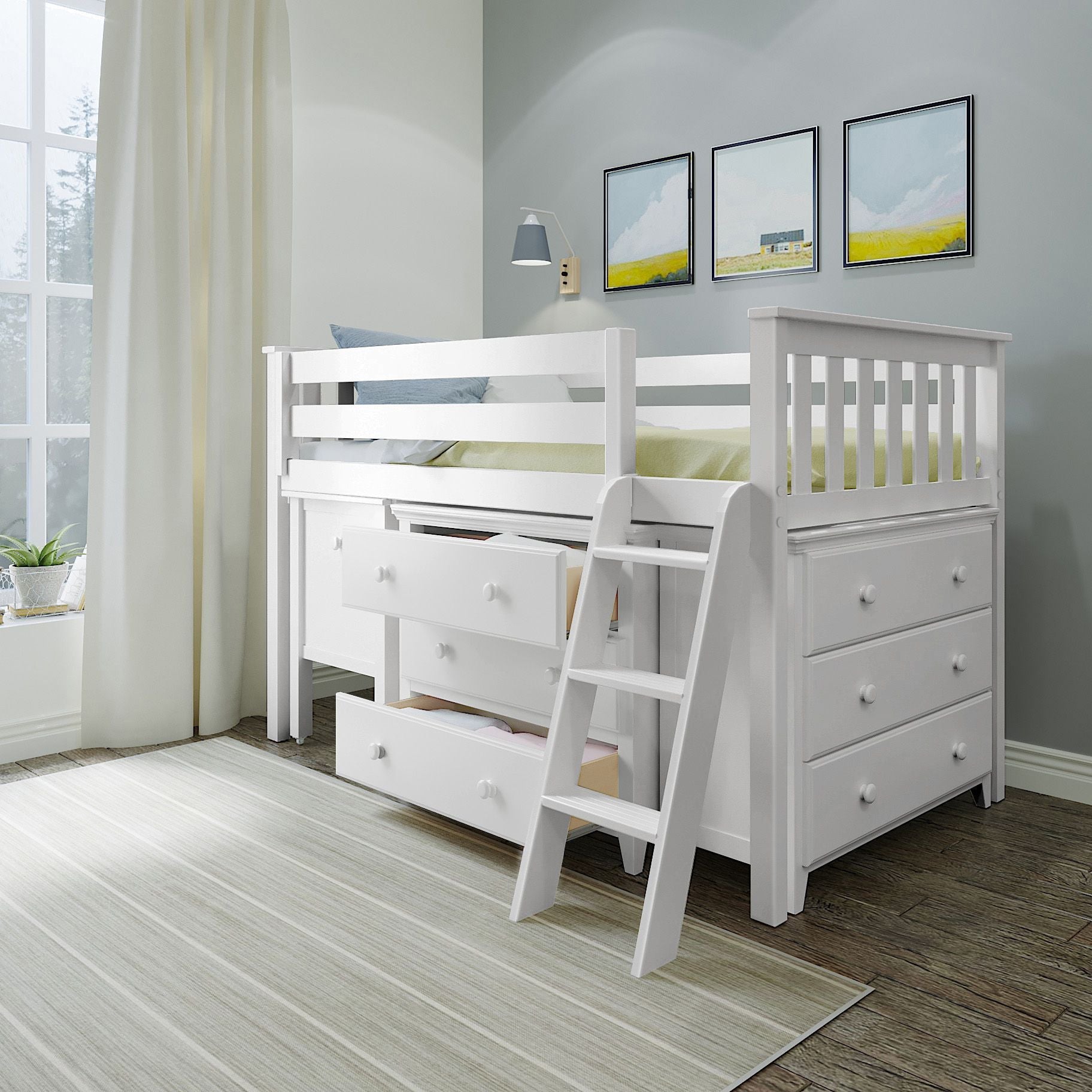 Jackpot Deluxe Windsor 3 Twin-Size Storage Loft Bed with Two Dressers and Desk