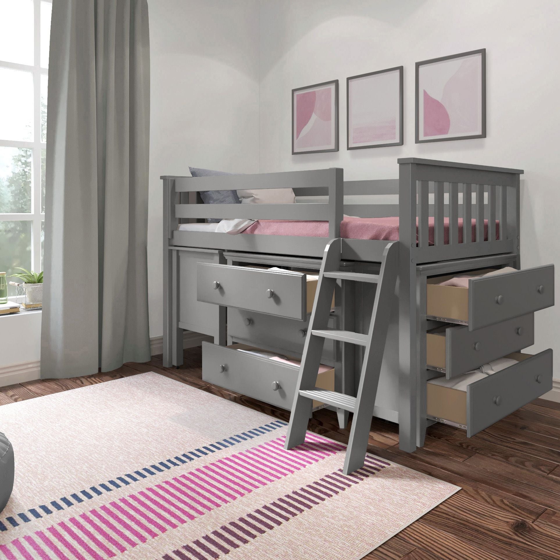Jackpot Deluxe Windsor 3 Twin-Size Storage Loft Bed with Two Dressers and Desk