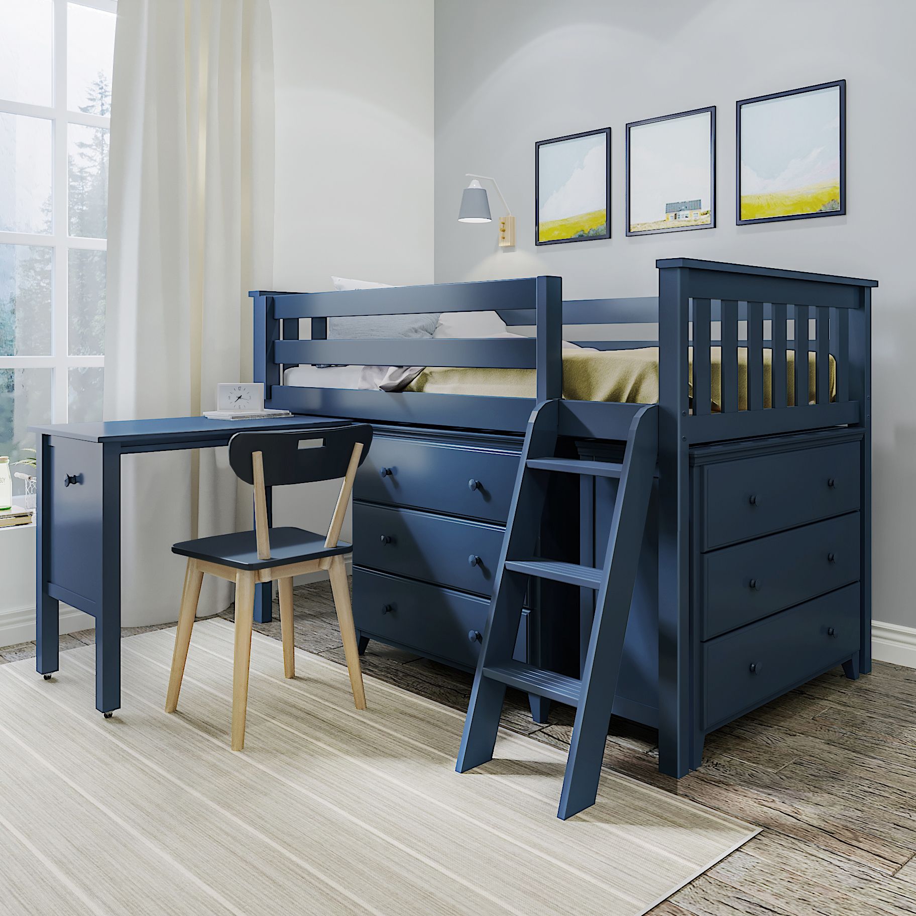 Jackpot Deluxe Windsor 3 Twin-Size Storage Loft Bed with Two Dressers and Desk
