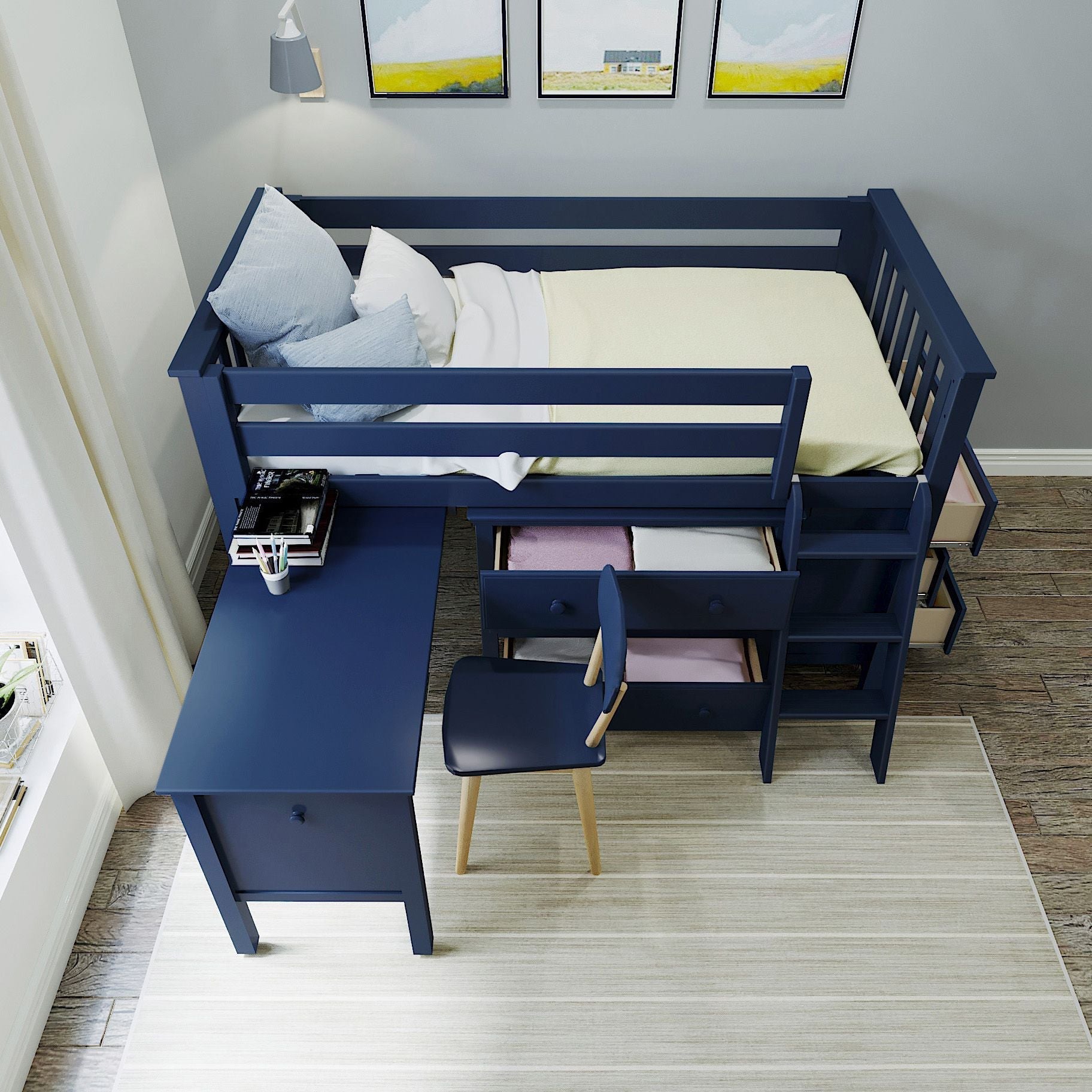 Jackpot Deluxe Windsor 3 Twin-Size Storage Loft Bed with Two Dressers and Desk