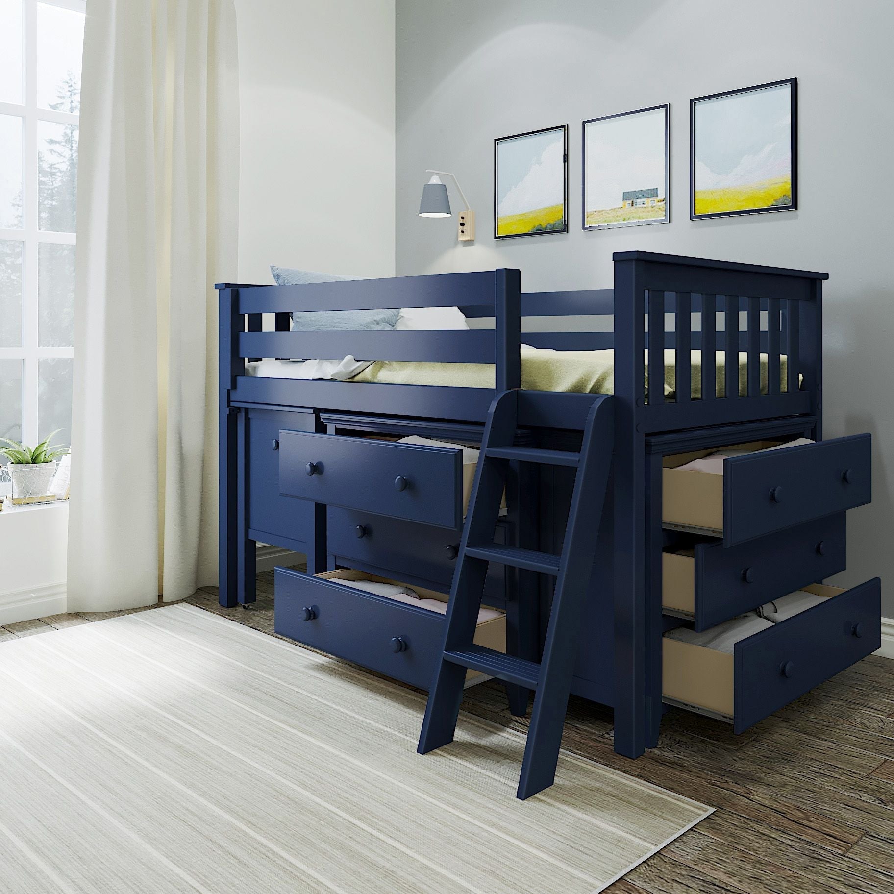 Jackpot Deluxe Windsor 3 Twin-Size Storage Loft Bed with Two Dressers and Desk
