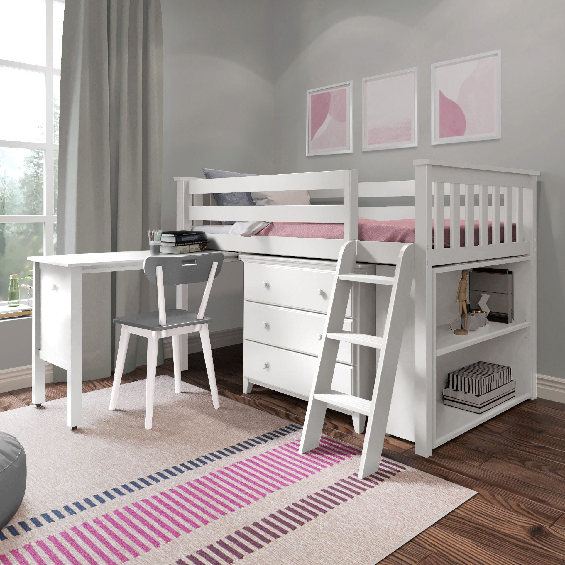Jackpot Deluxe Windsor 2 Twin-Size Storage Loft Bed with Dresser, Bookcase and Desk