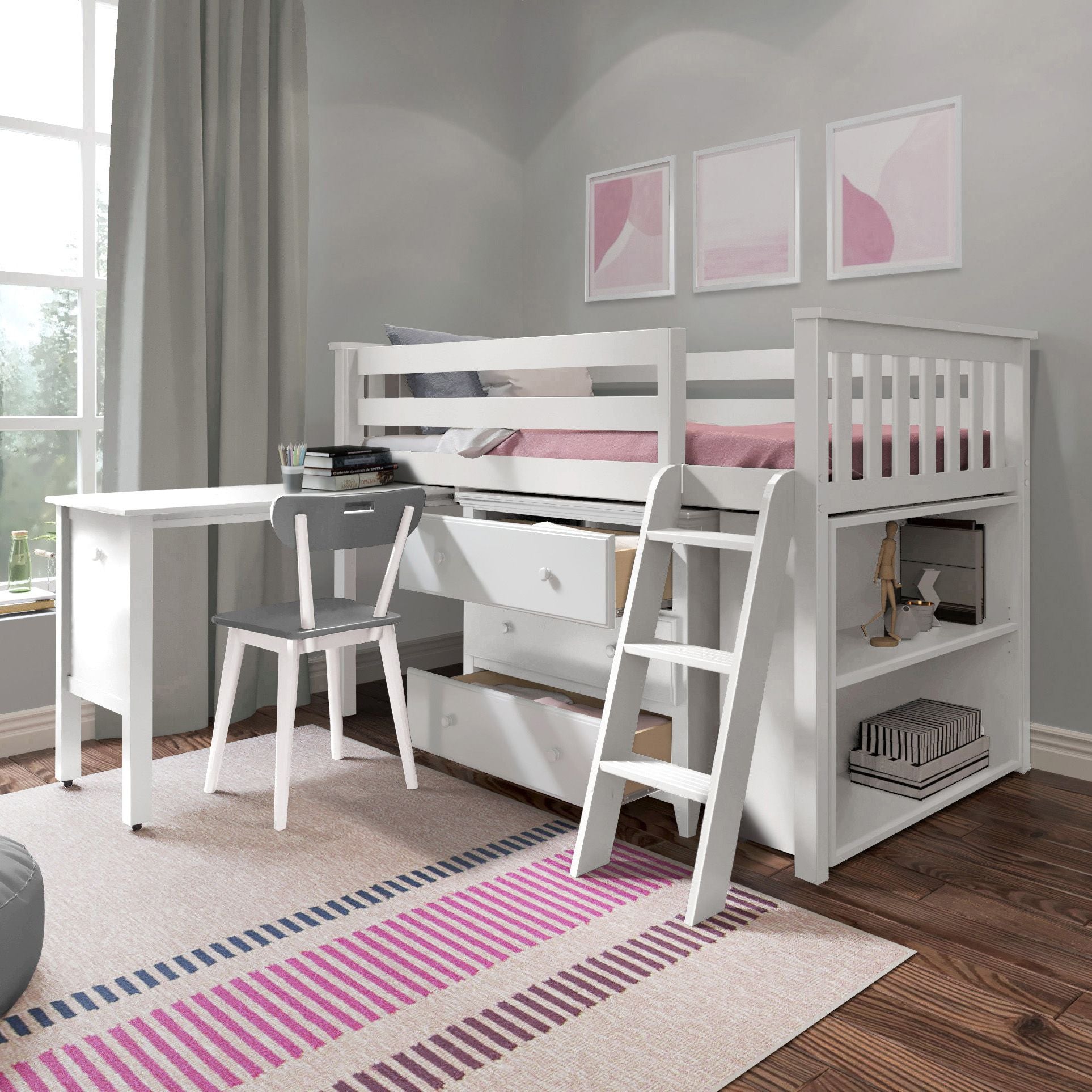 Jackpot Deluxe Windsor 2 Twin-Size Storage Loft Bed with Dresser, Bookcase and Desk
