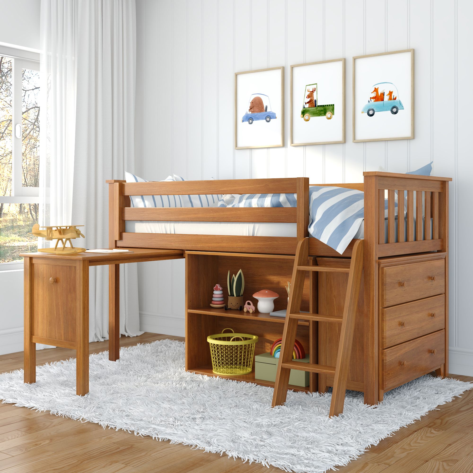 Jackpot Deluxe Windsor 2 Twin-Size Storage Loft Bed with Dresser, Bookcase and Desk