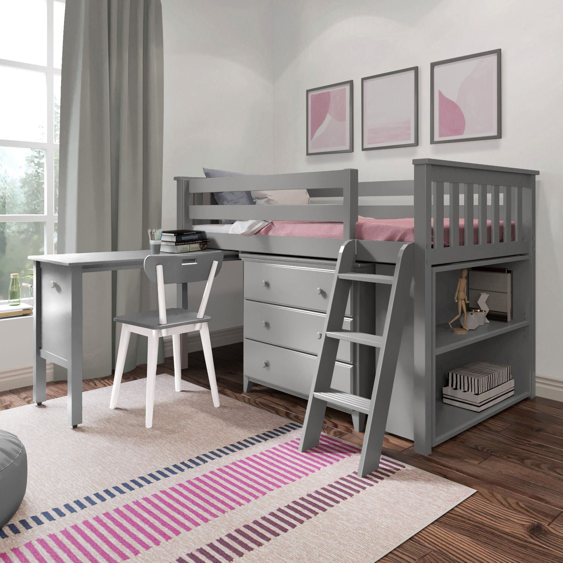 Jackpot Deluxe Windsor 2 Twin-Size Storage Loft Bed with Dresser, Bookcase and Desk