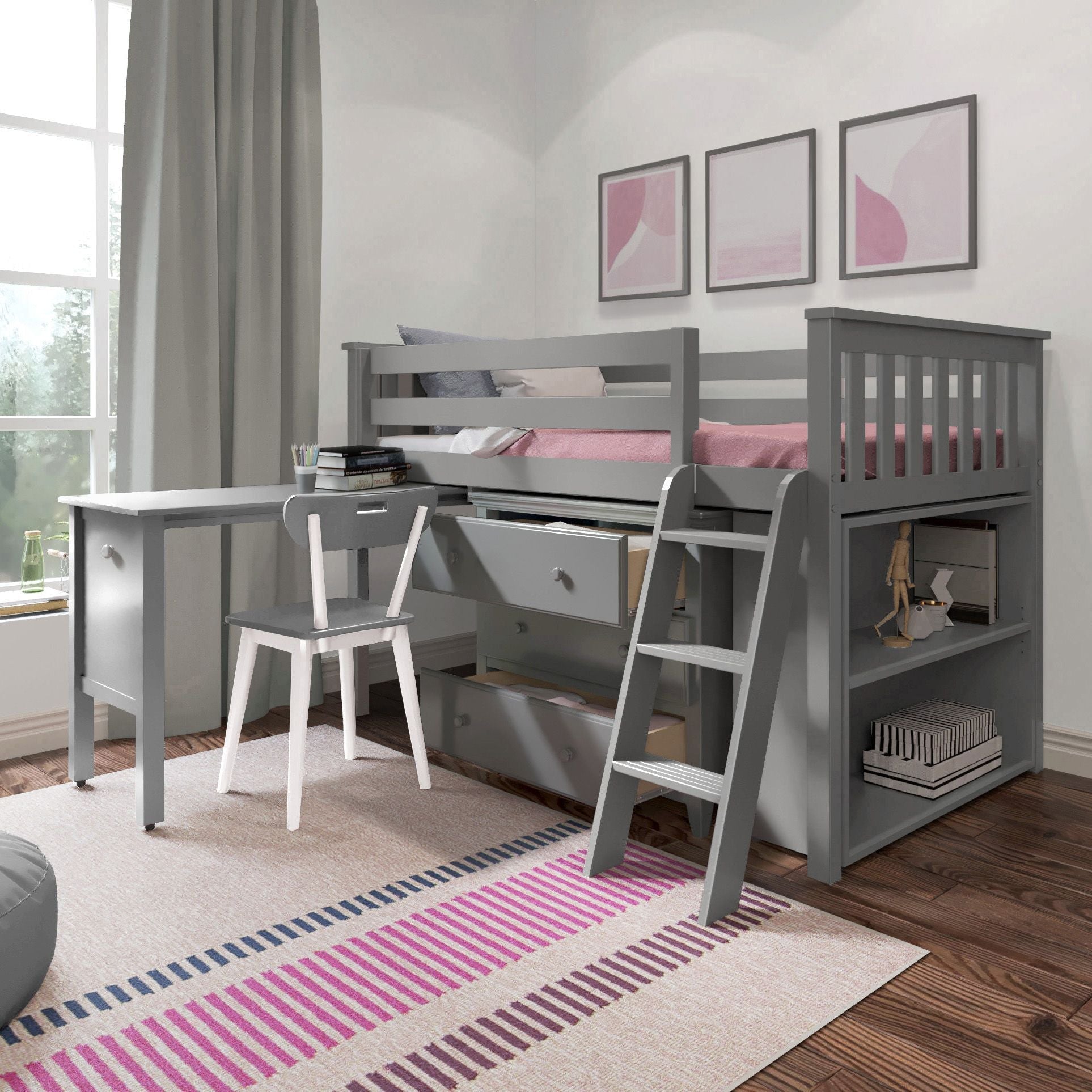 Jackpot Deluxe Windsor 2 Twin-Size Storage Loft Bed with Dresser, Bookcase and Desk