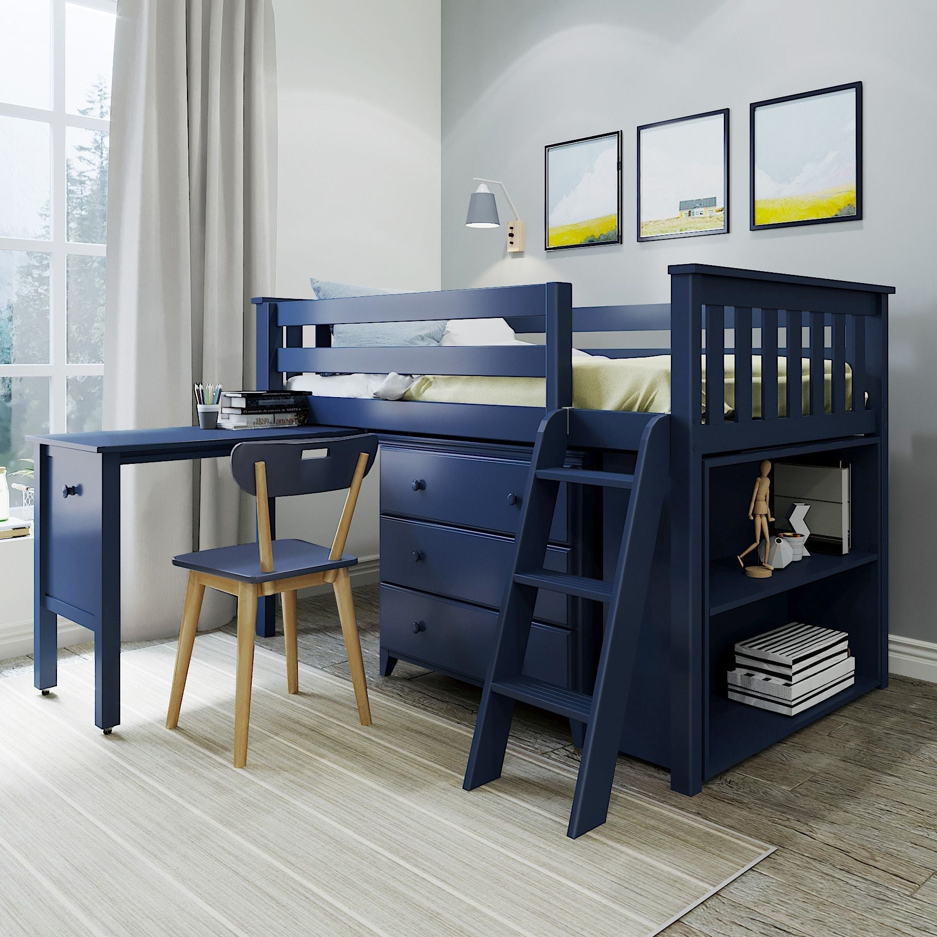 Jackpot Deluxe Windsor 2 Twin-Size Storage Loft Bed with Dresser, Bookcase and Desk