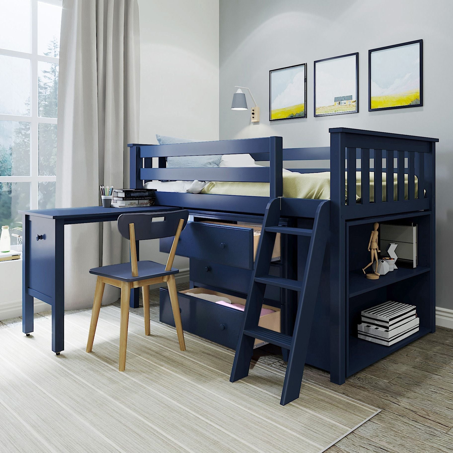 Jackpot Deluxe Windsor 2 Twin-Size Storage Loft Bed with Dresser, Bookcase and Desk