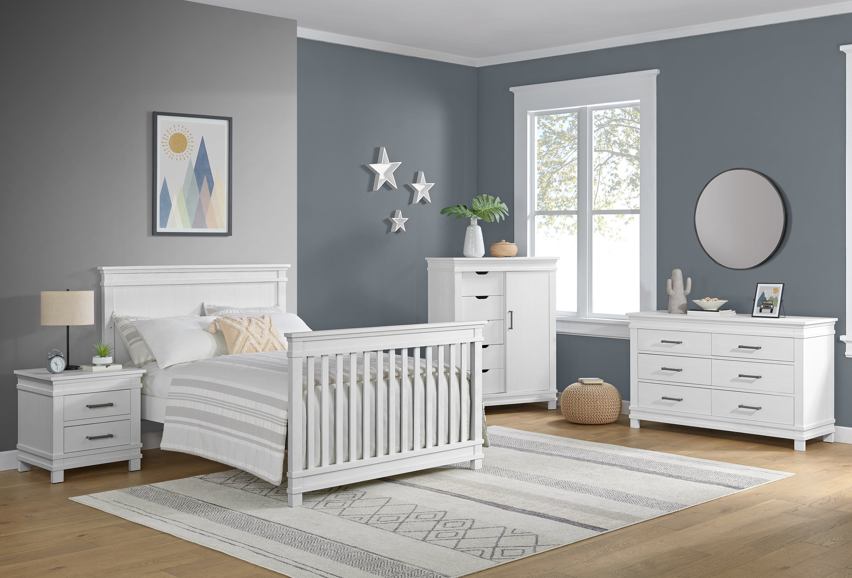 Stirling Weathered White Crib + Dresser + Chifforobe + Nightstand 4 Piece Set