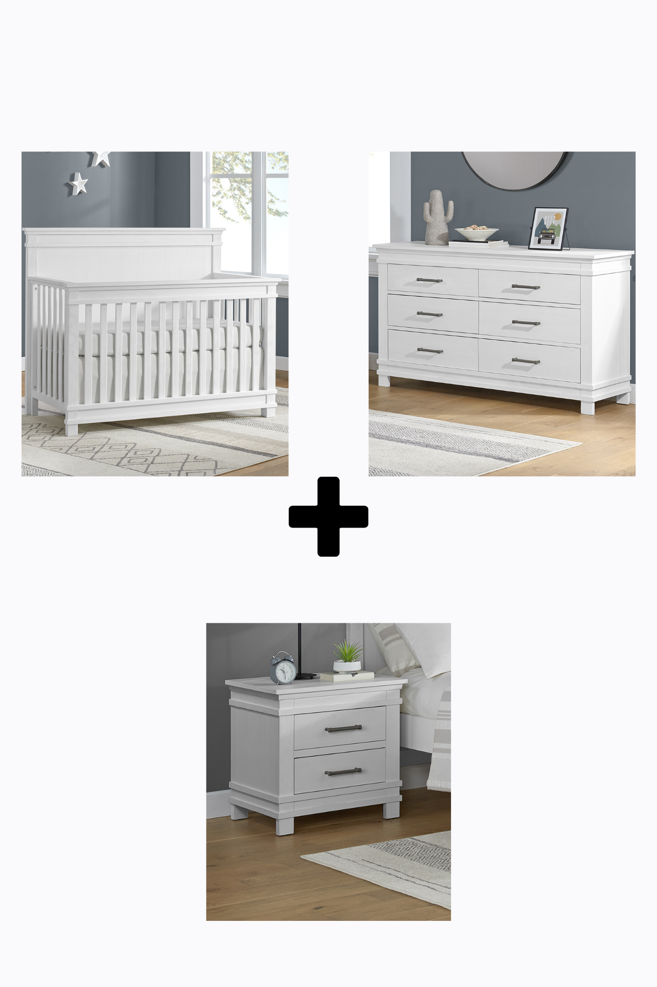 modern white nursery dresser Stirling Weathered White Crib + Dresser + Nightstand 3 Piece Set – Lakeland  Baby and Teen Furniture