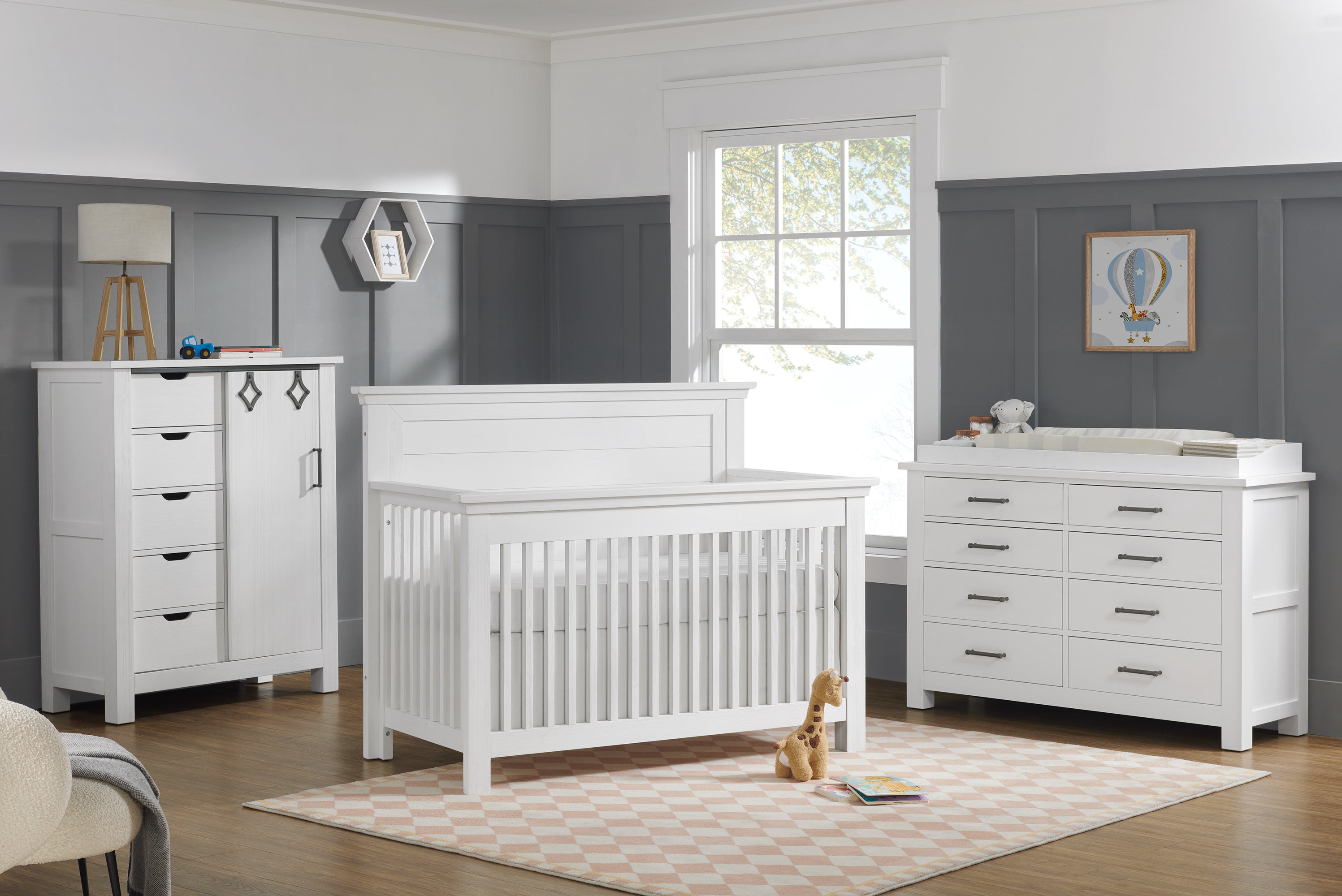 Windsor Weathered White Crib + Dresser + Nightstand 3 Piece Set