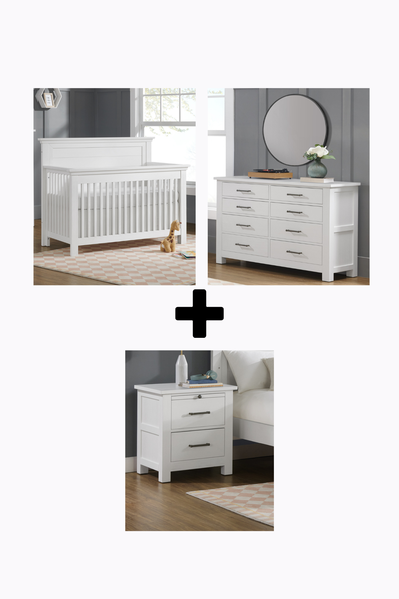 Windsor Weathered White Crib + Dresser + Nightstand 3 Piece Set