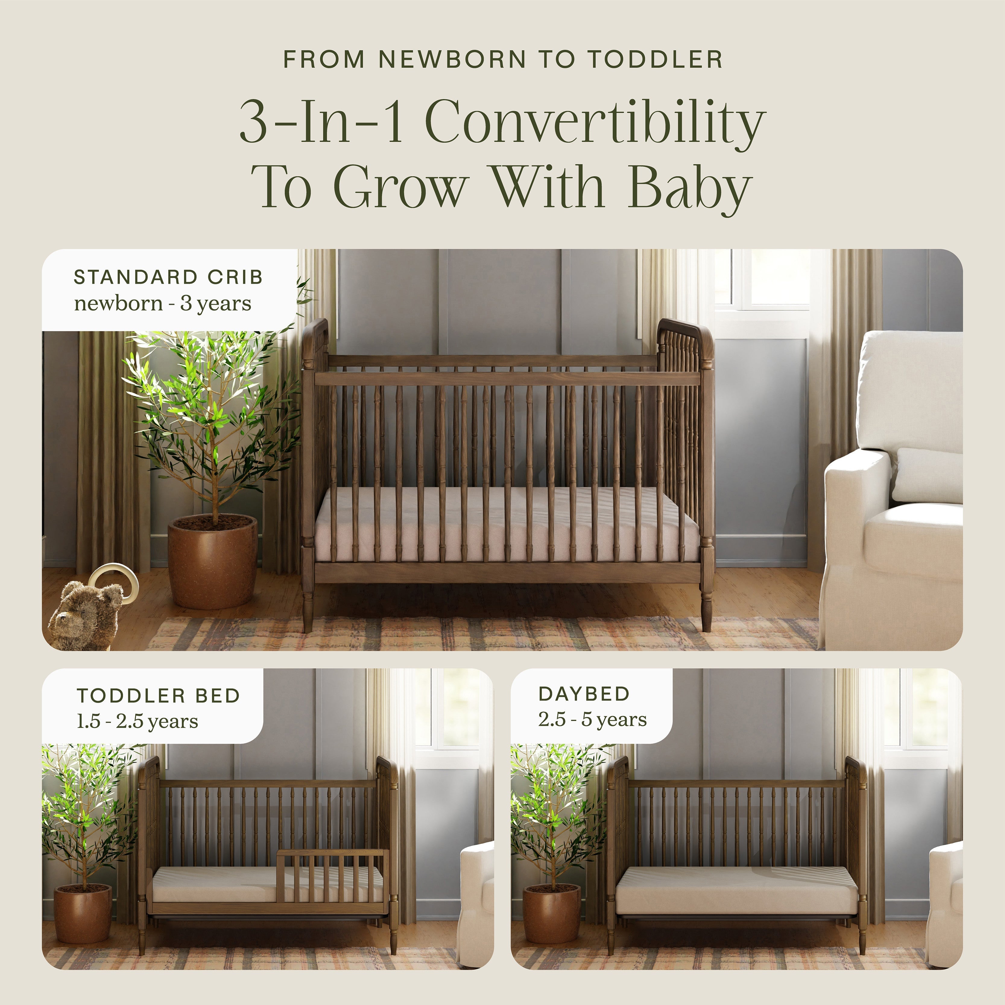Namesake Liberty 3-in-1 Convertible Spindle Crib with Toddler Bed Conversion Kit