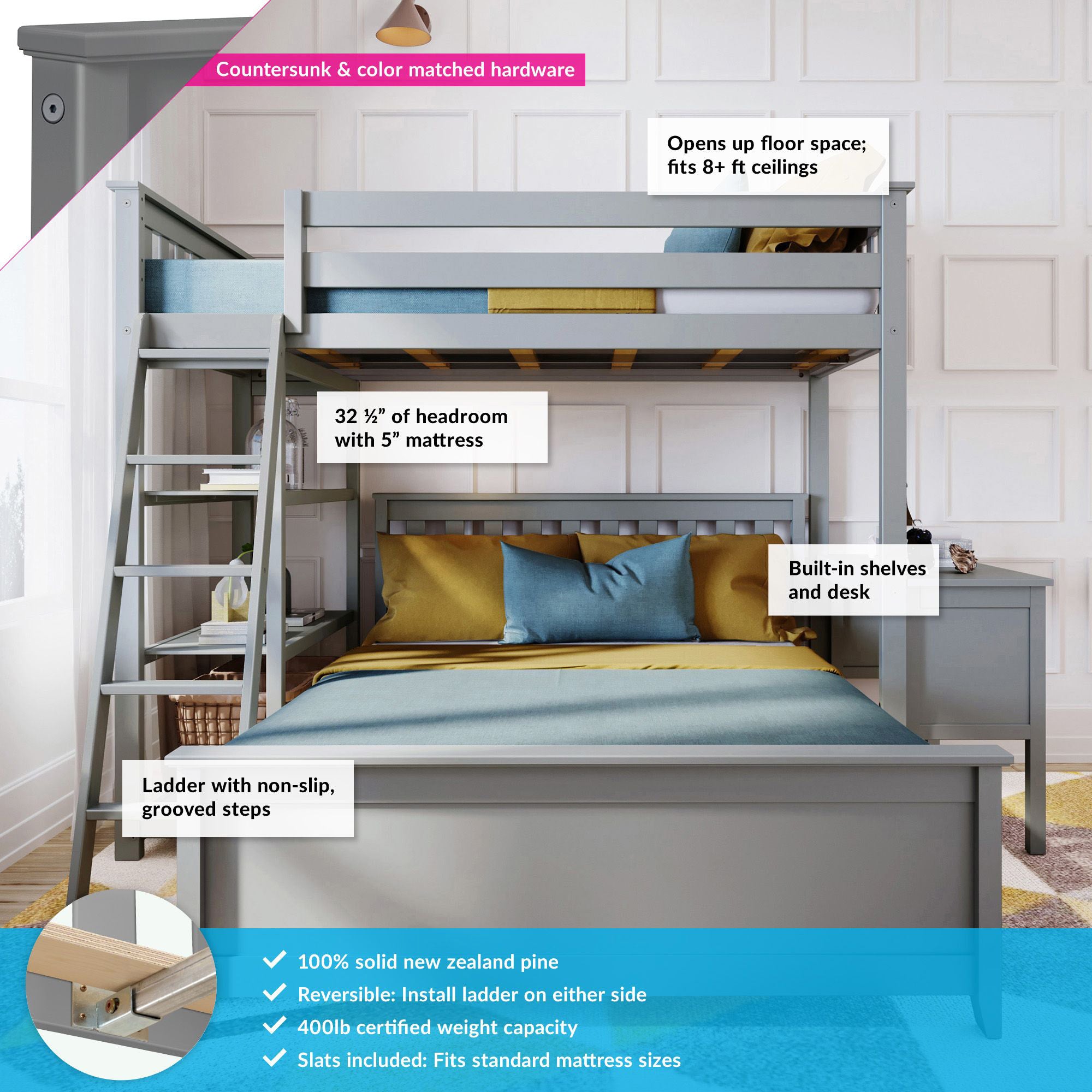 M3 Kid's L-Shaped Twin Over Full-Size Bunk Bed with Bookcase + Desk